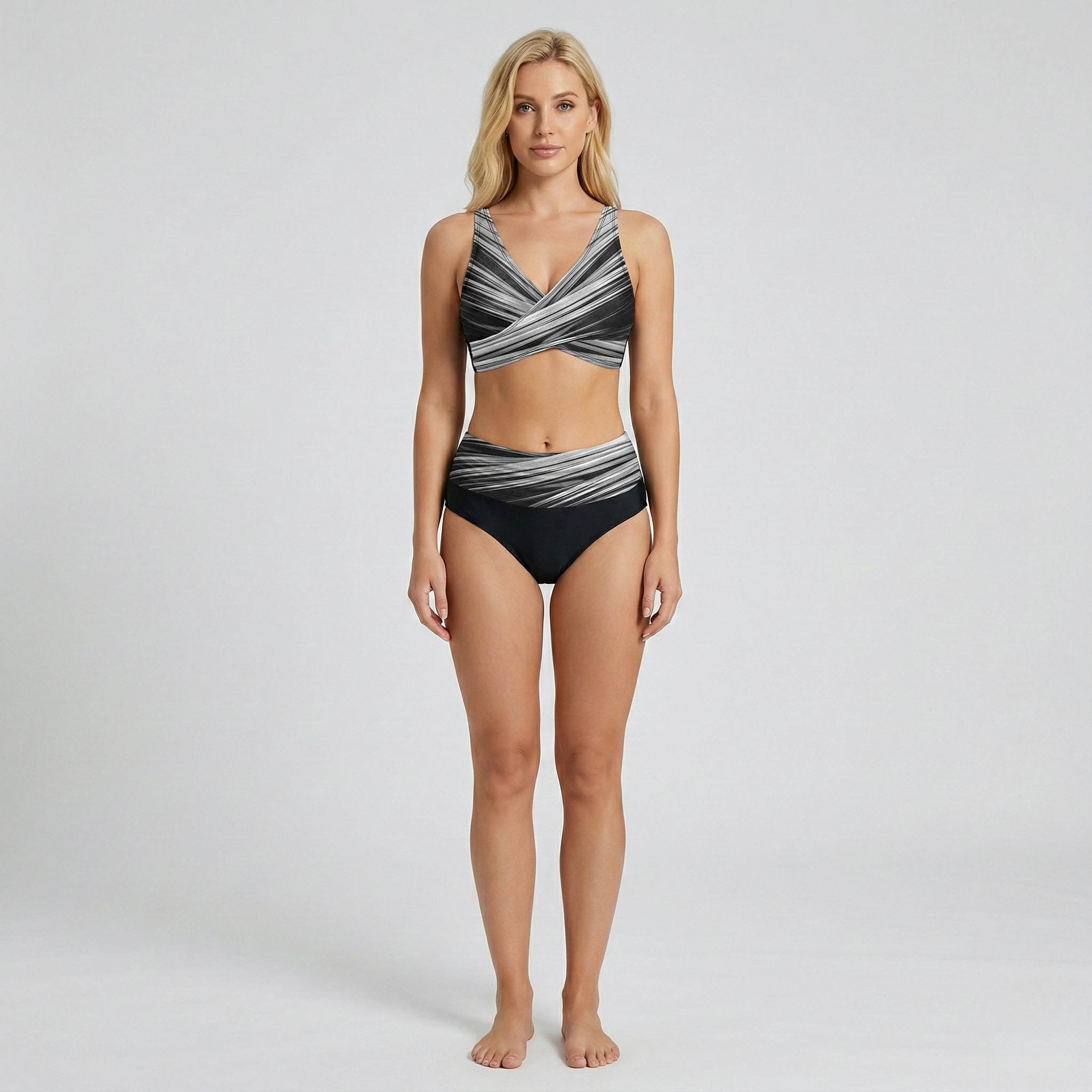 Bikini Donna Vita Alta Incrociato Costume da Bagno Due Pezzi Stampato