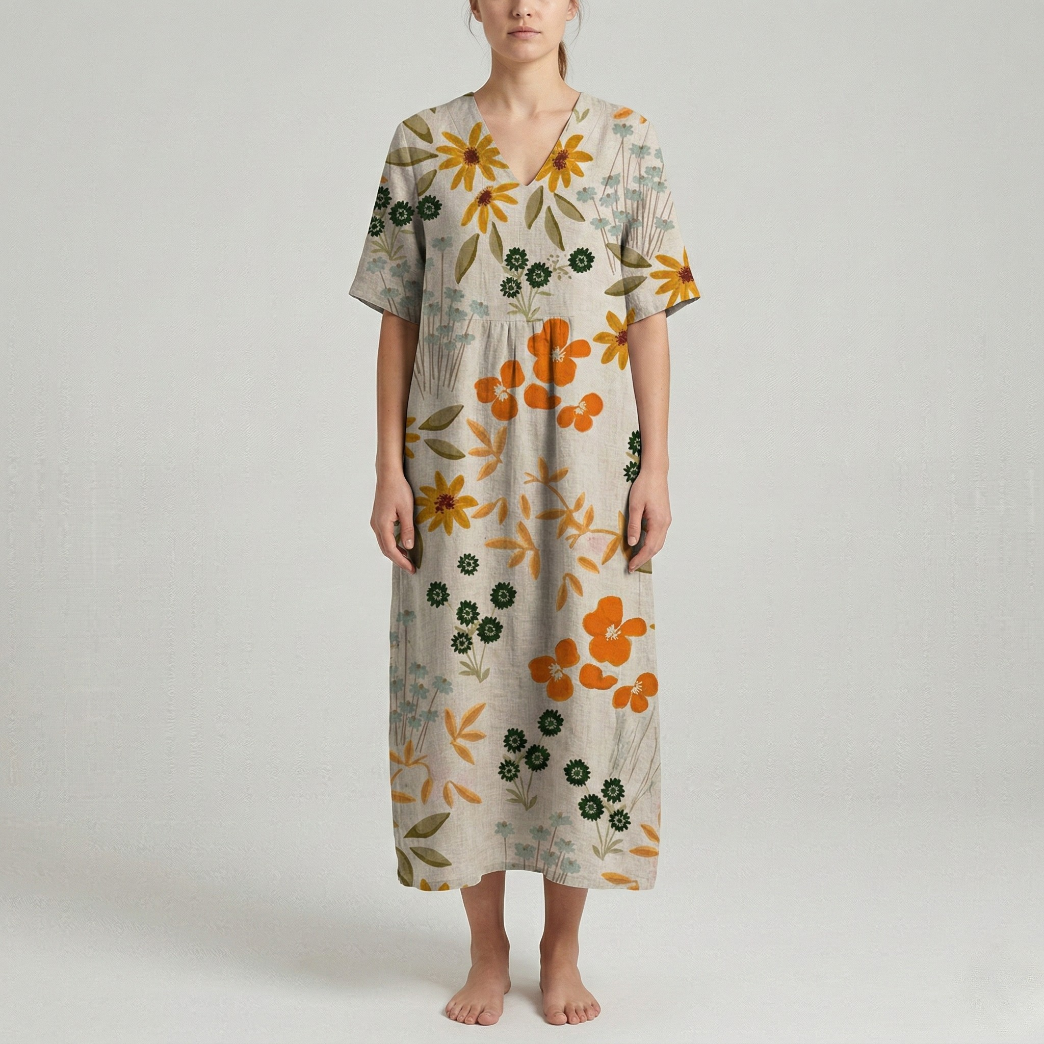 Vestito lungo donna floreale in cotone con scollo a V manica corta
