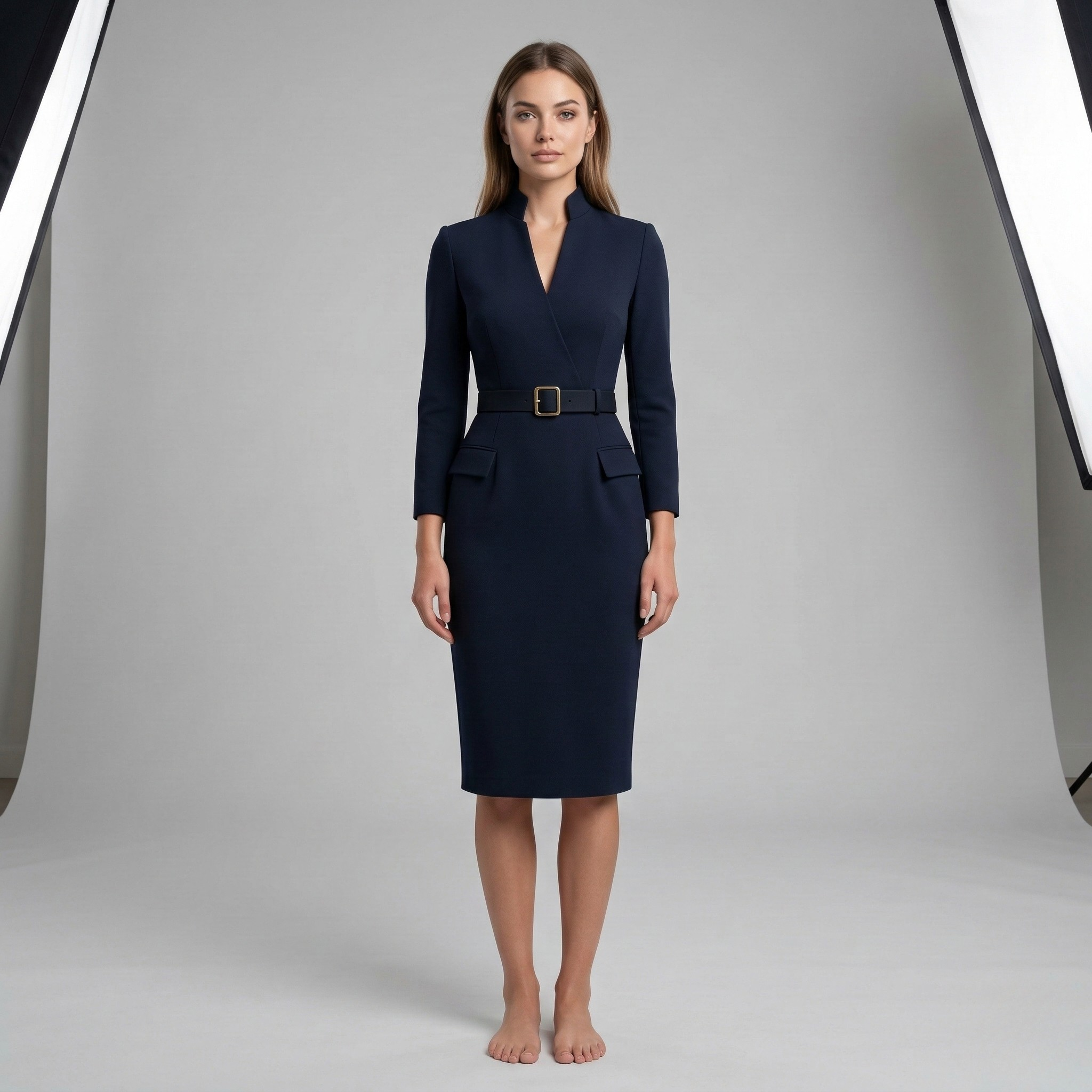 Vestito donna elegante midi con cintura scollo a V maniche 3/4 abito sartoriale slim