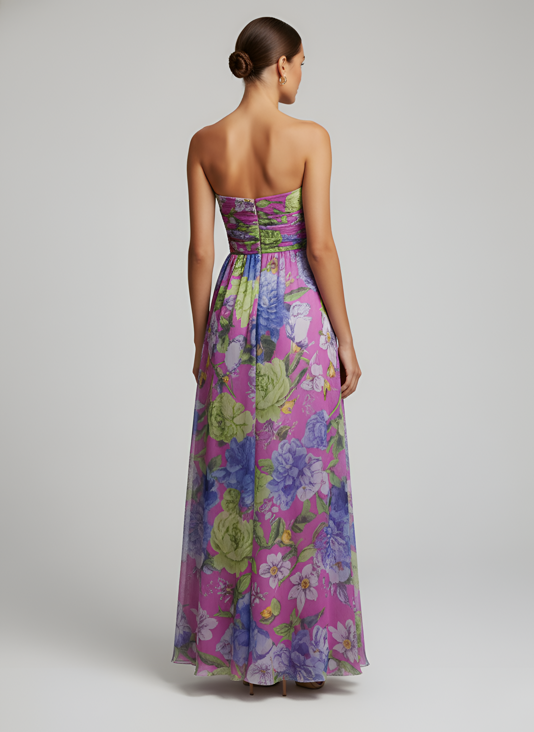 Abito lungo donna monospalla floreale con manica lunga e spacco elegante