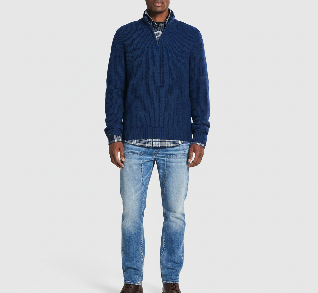 Valerios Fashion pull homme à fermeture éclair col montant en coton