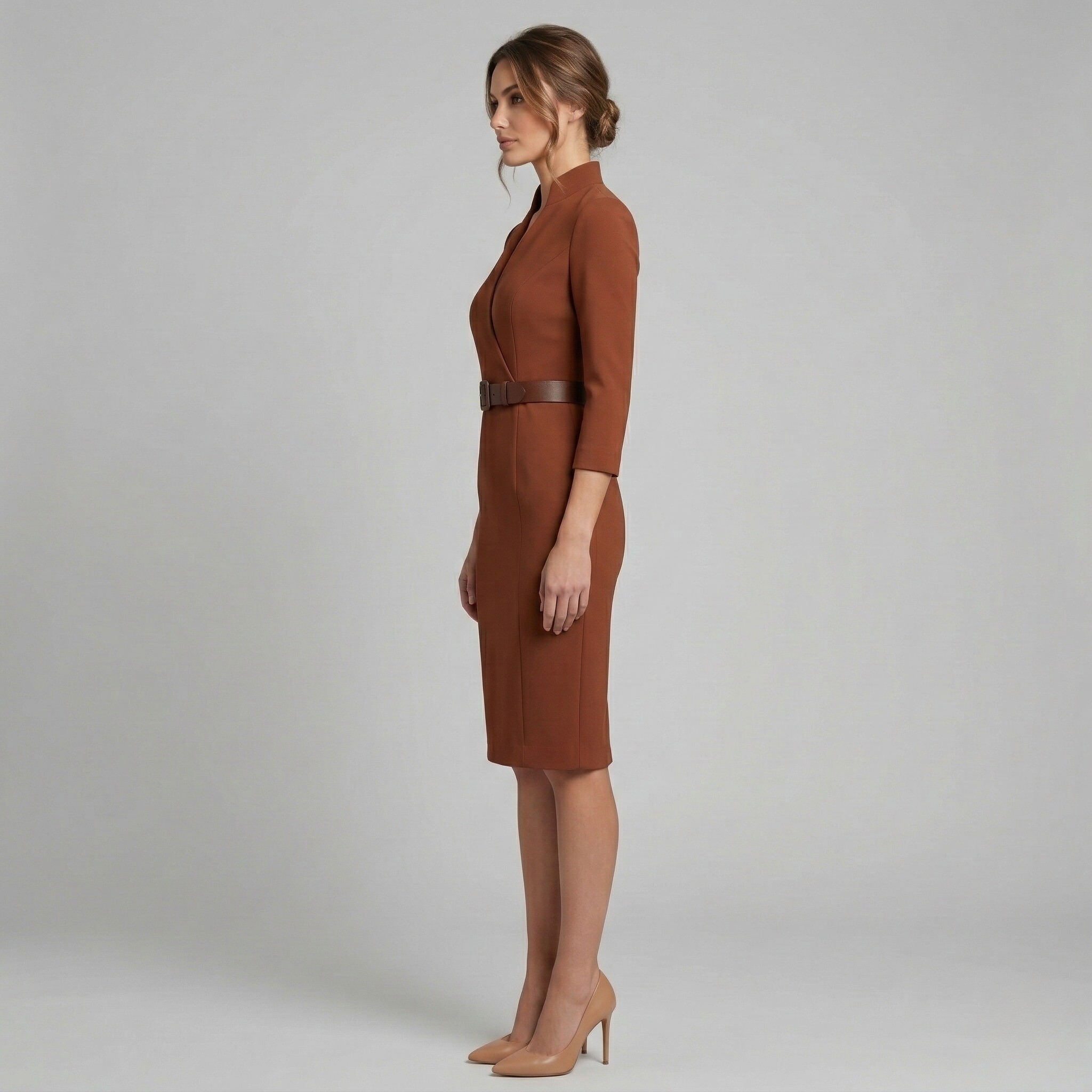 Vestito donna elegante midi con cintura scollo a V maniche 3/4 abito sartoriale slim