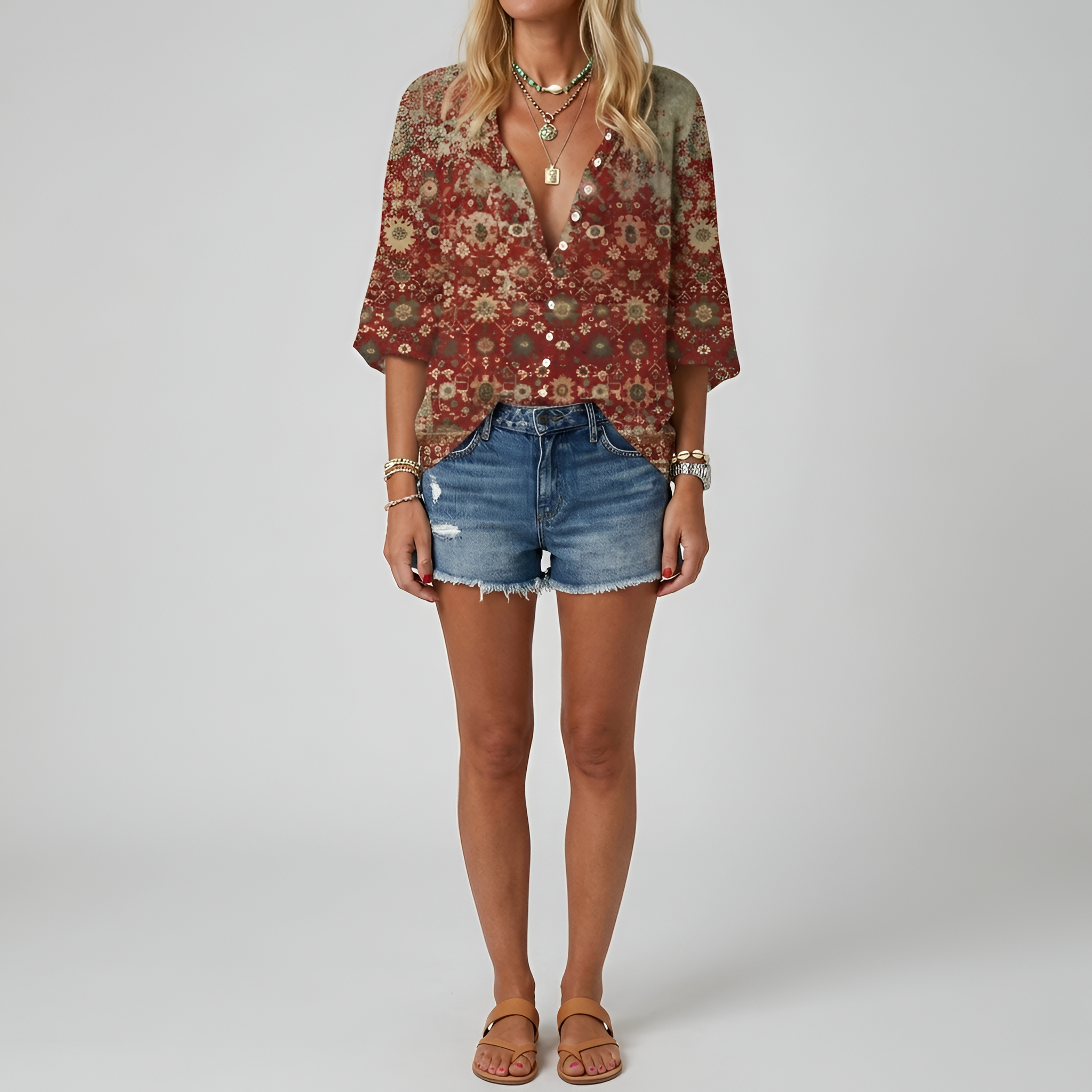 Bluse til kvinder med blomsterprint, knapper, lange ærmer, afslappet og elegant daglig skjorte
