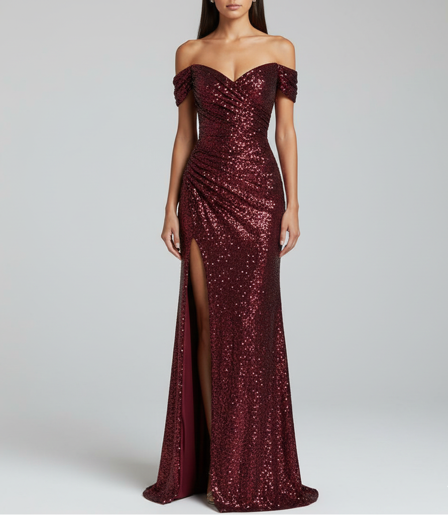 Valerios Fashion abito maxi da sera elegante con paillettes e spacco laterale