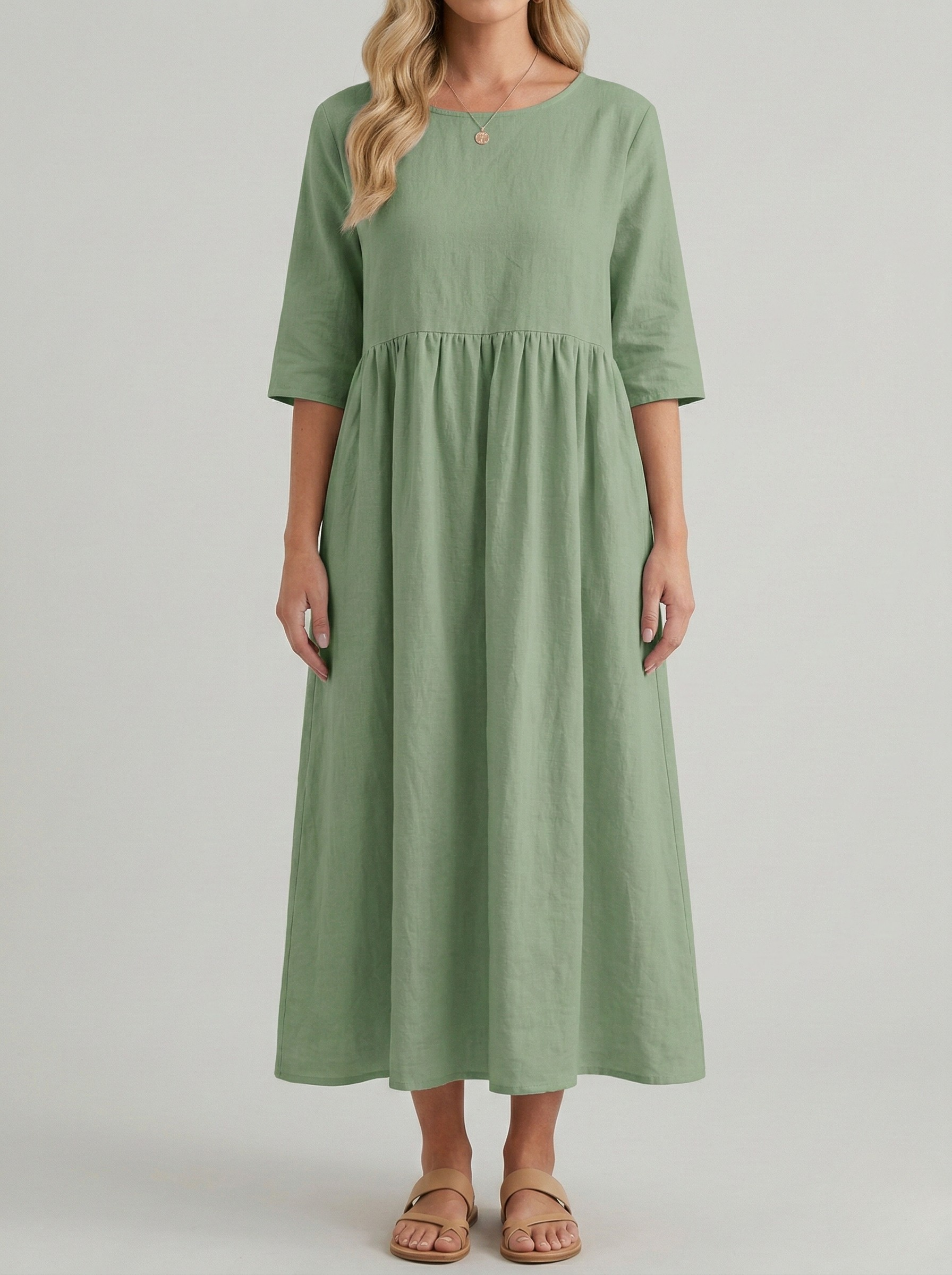 Vestito midi donna in cotone con maniche corte e tasche laterali casual