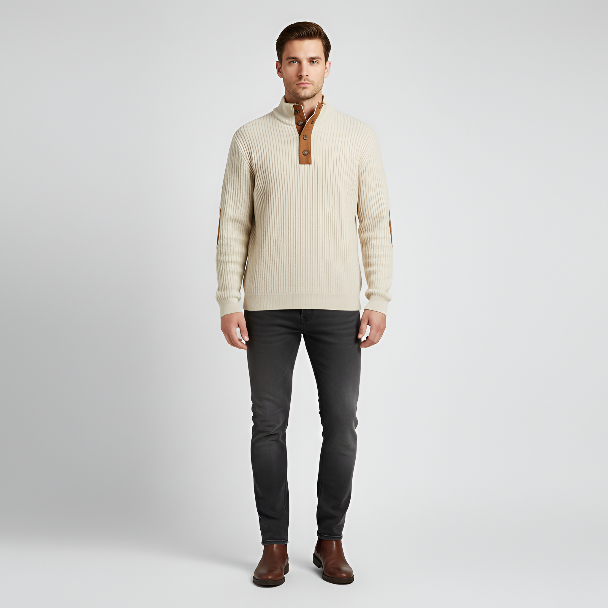 Valerios Fashion Men's Ribbed Turtleneck Sweater with Elbow Patches
