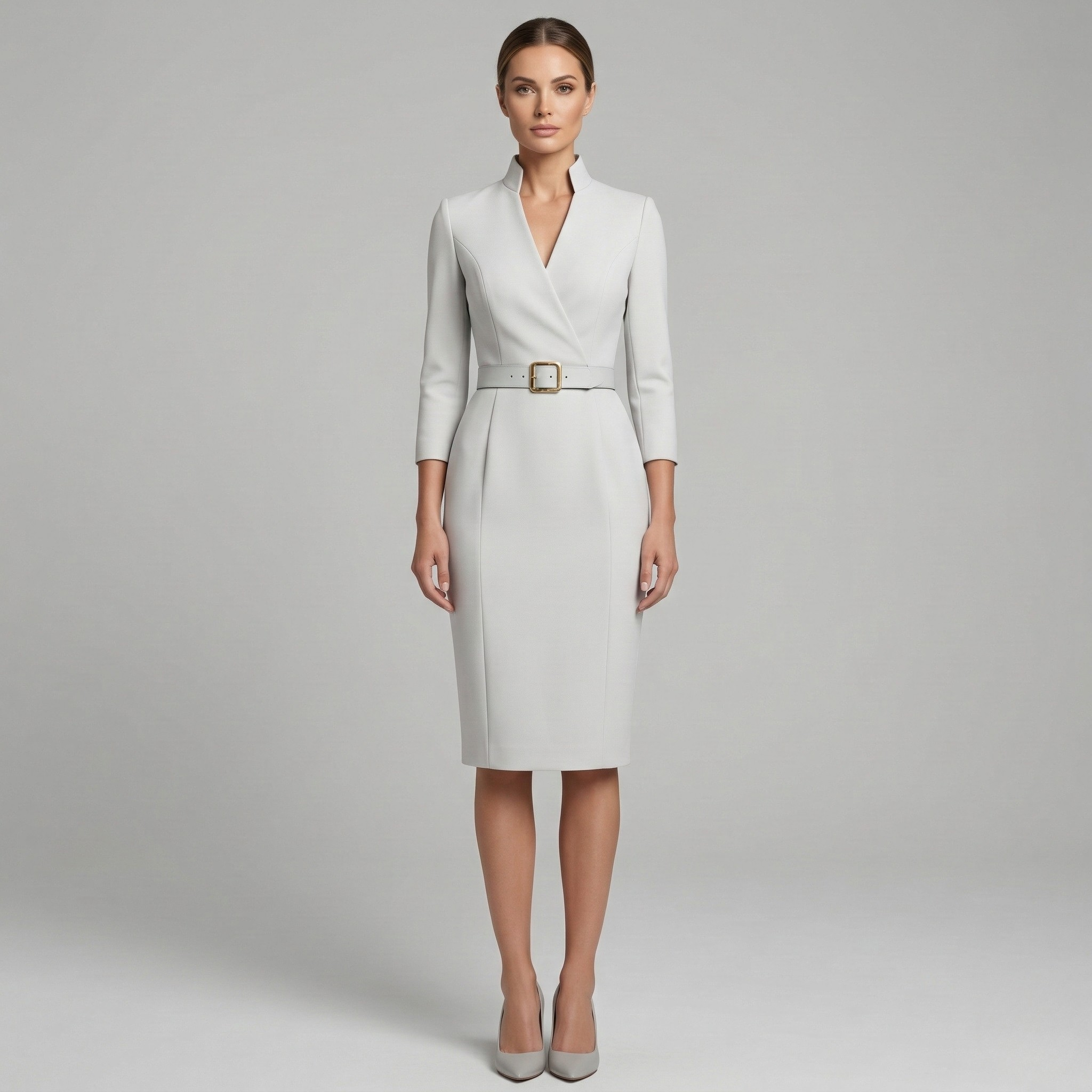 Vestito donna elegante midi con cintura scollo a V maniche 3/4 abito sartoriale slim