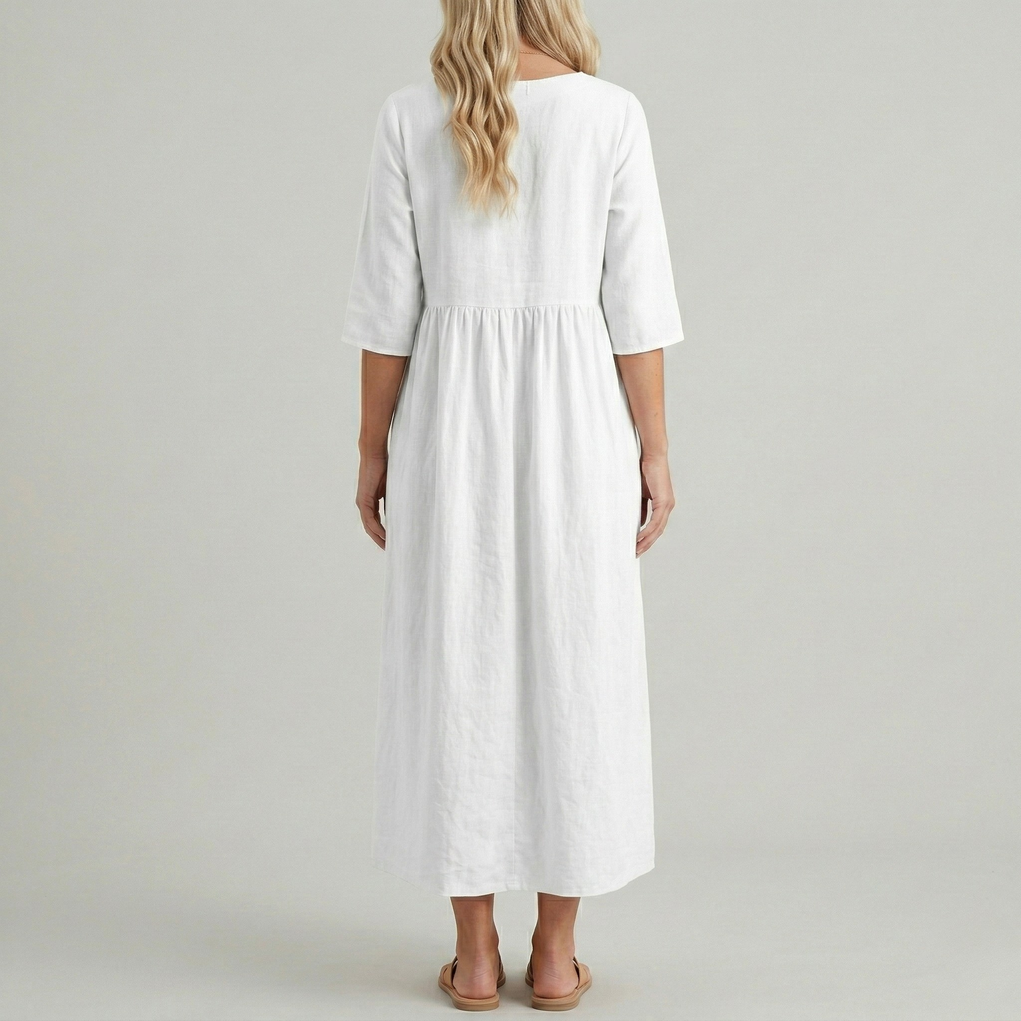Vestito midi donna in cotone con maniche corte e tasche laterali casual