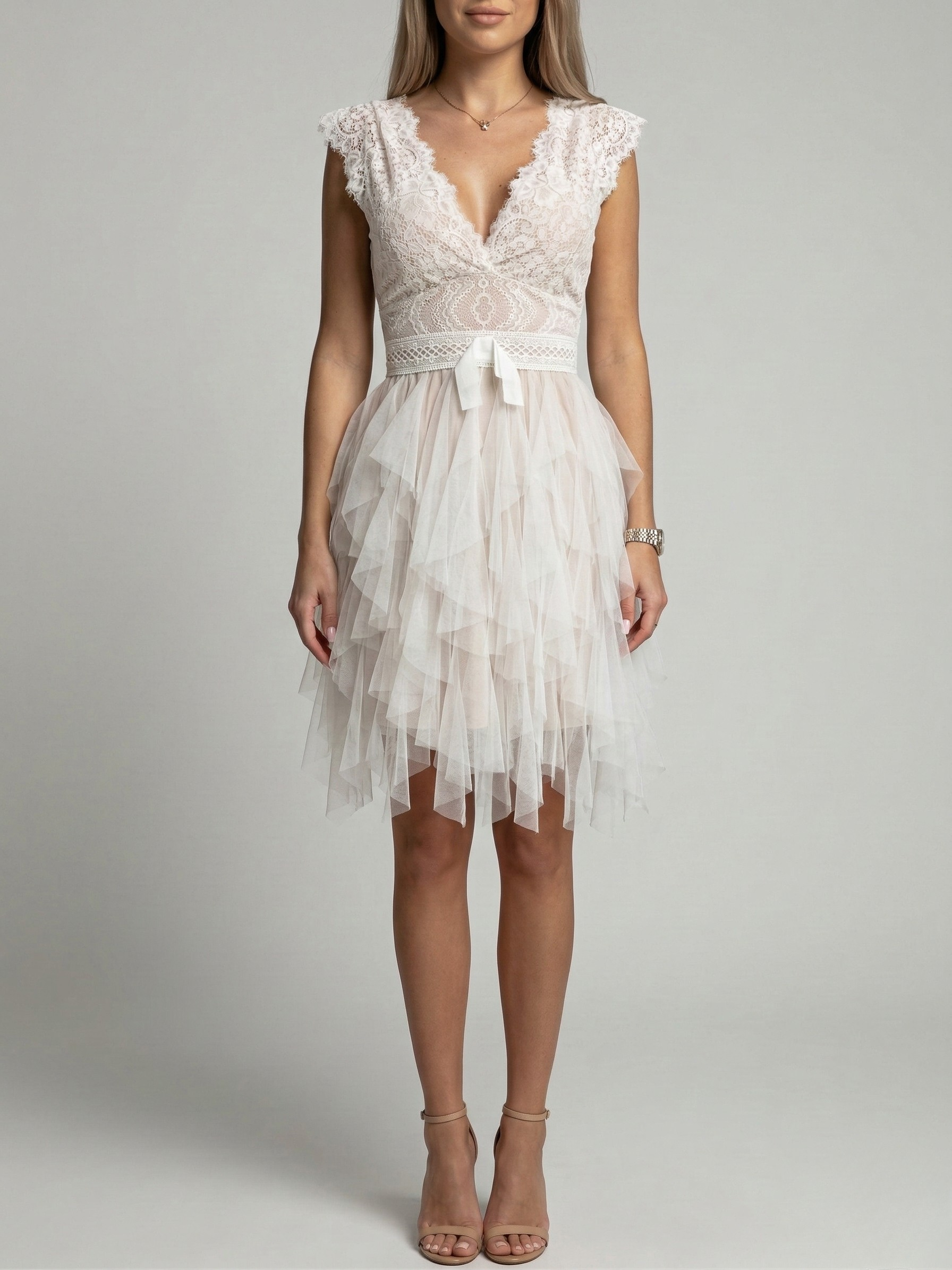 Vestito donna pizzo e tulle scollo a V abito corto elegante da cerimonia