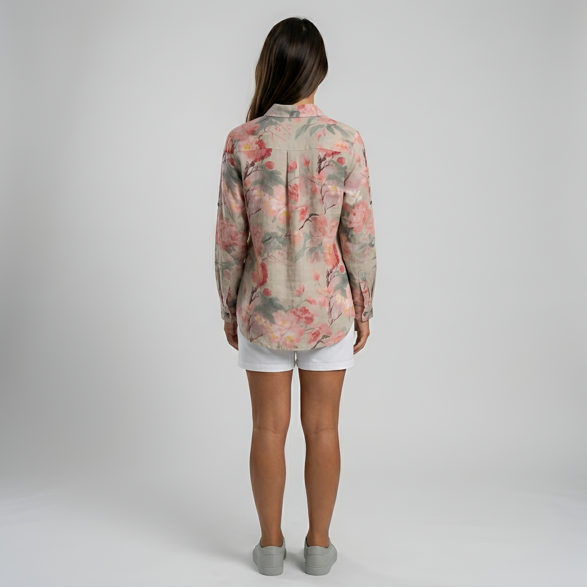 Women's Long Floral Cotton Shirt with Buttons, Long Sleeve, Casual Summer