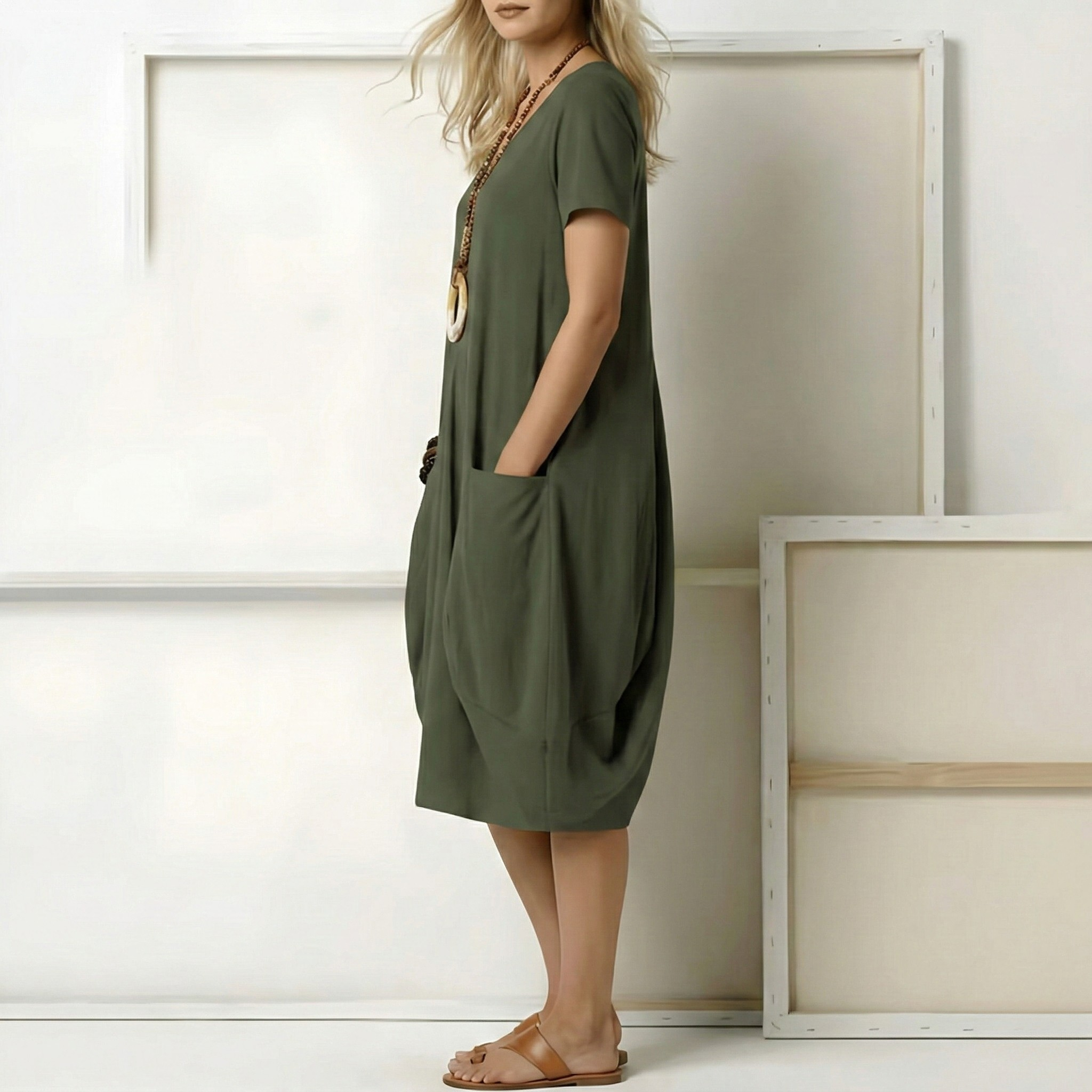 Vestito donna midi manica corta con tasche e scollo a V casual