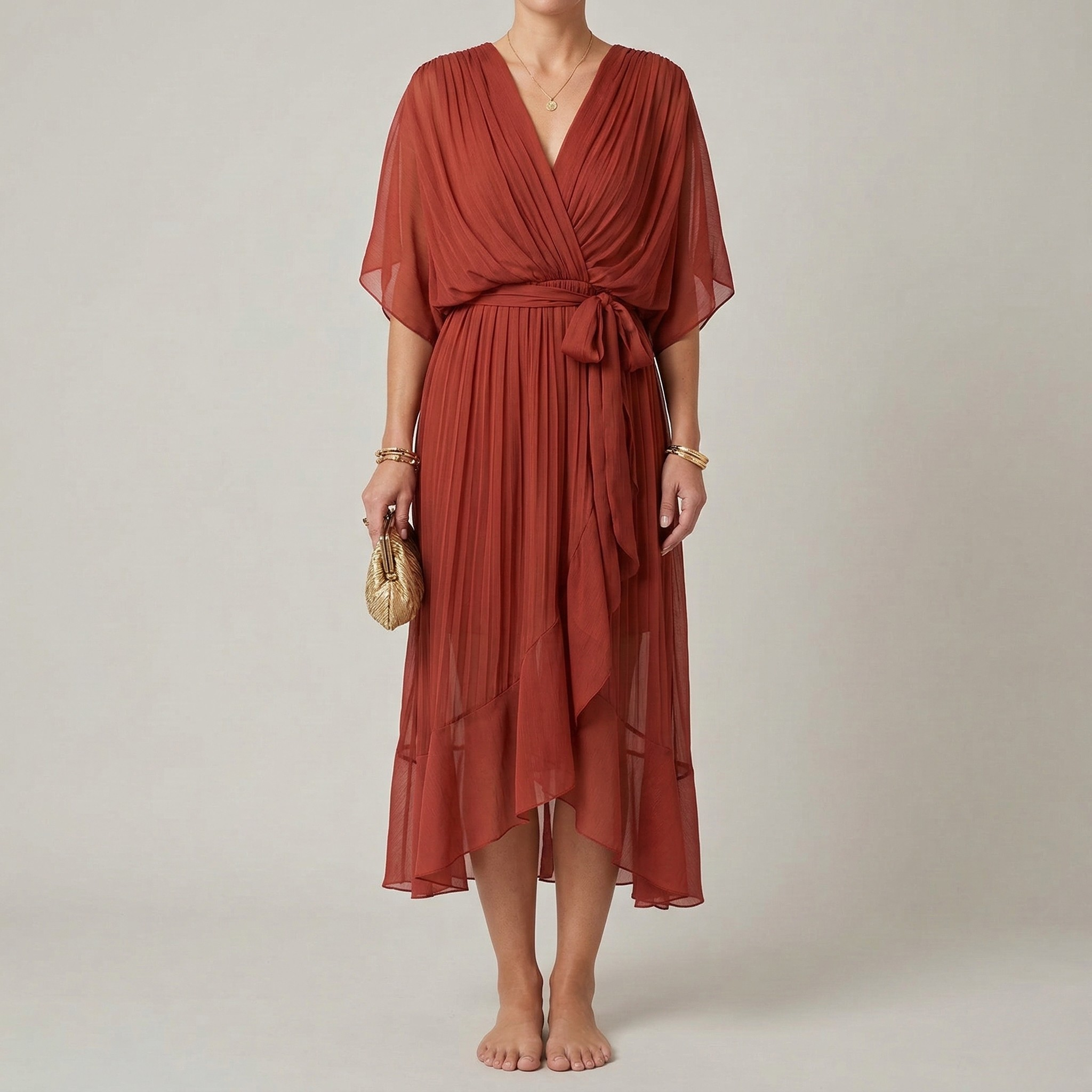 Dlouhé dámské šaty s výstřihem do V a páskem, elegantní letní šaty s širokými rukávy