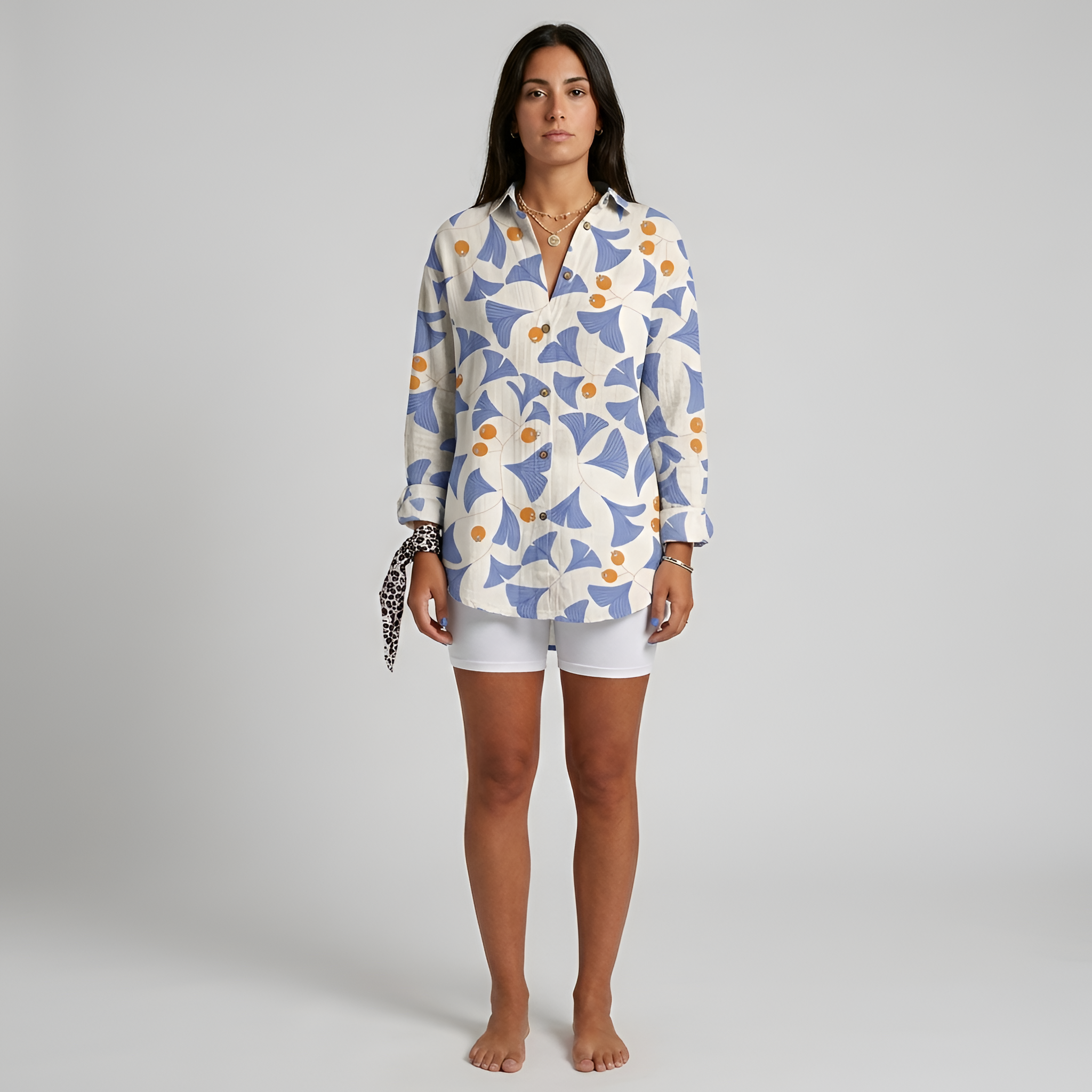 Women's Long Floral Cotton Shirt with Buttons, Long Sleeve, Casual Summer
