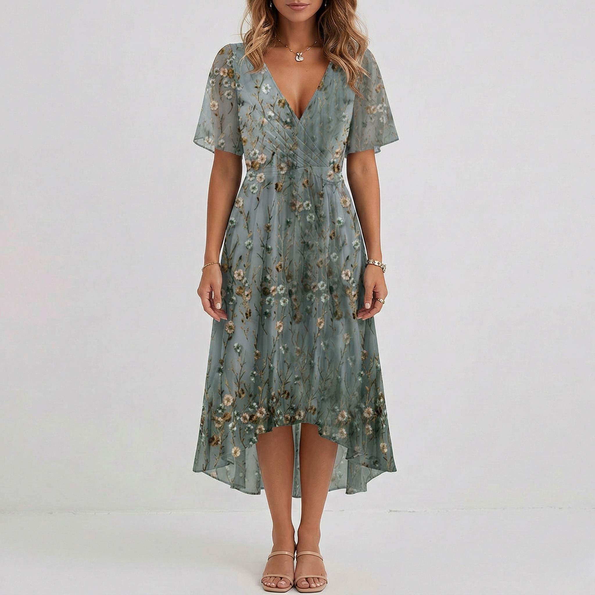 Vestito donna midi floreale scollo a V manica corta abito estivo elegante