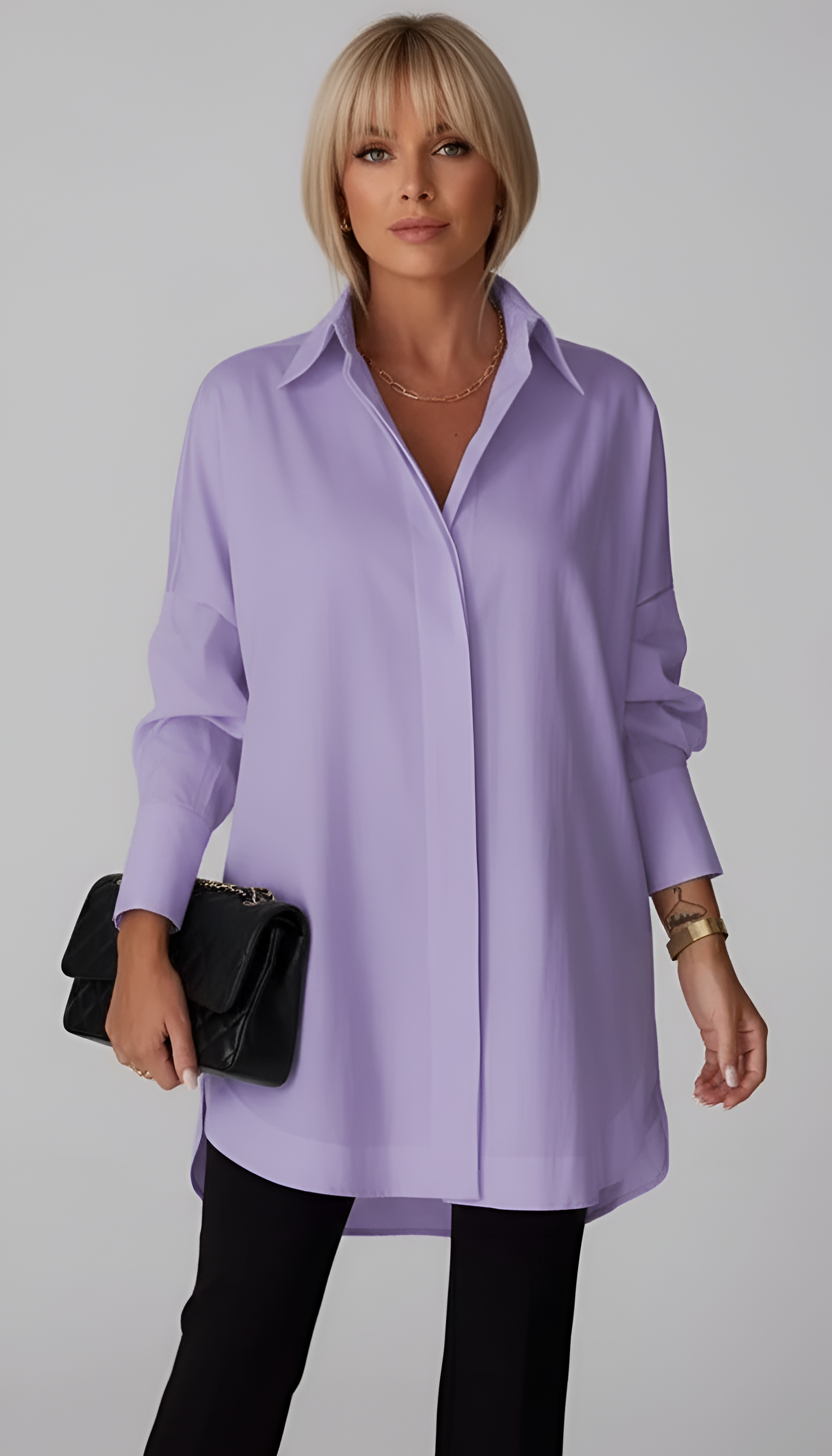 Camisa oversize de algodão para mulher Valerios Fashion com gola clássica