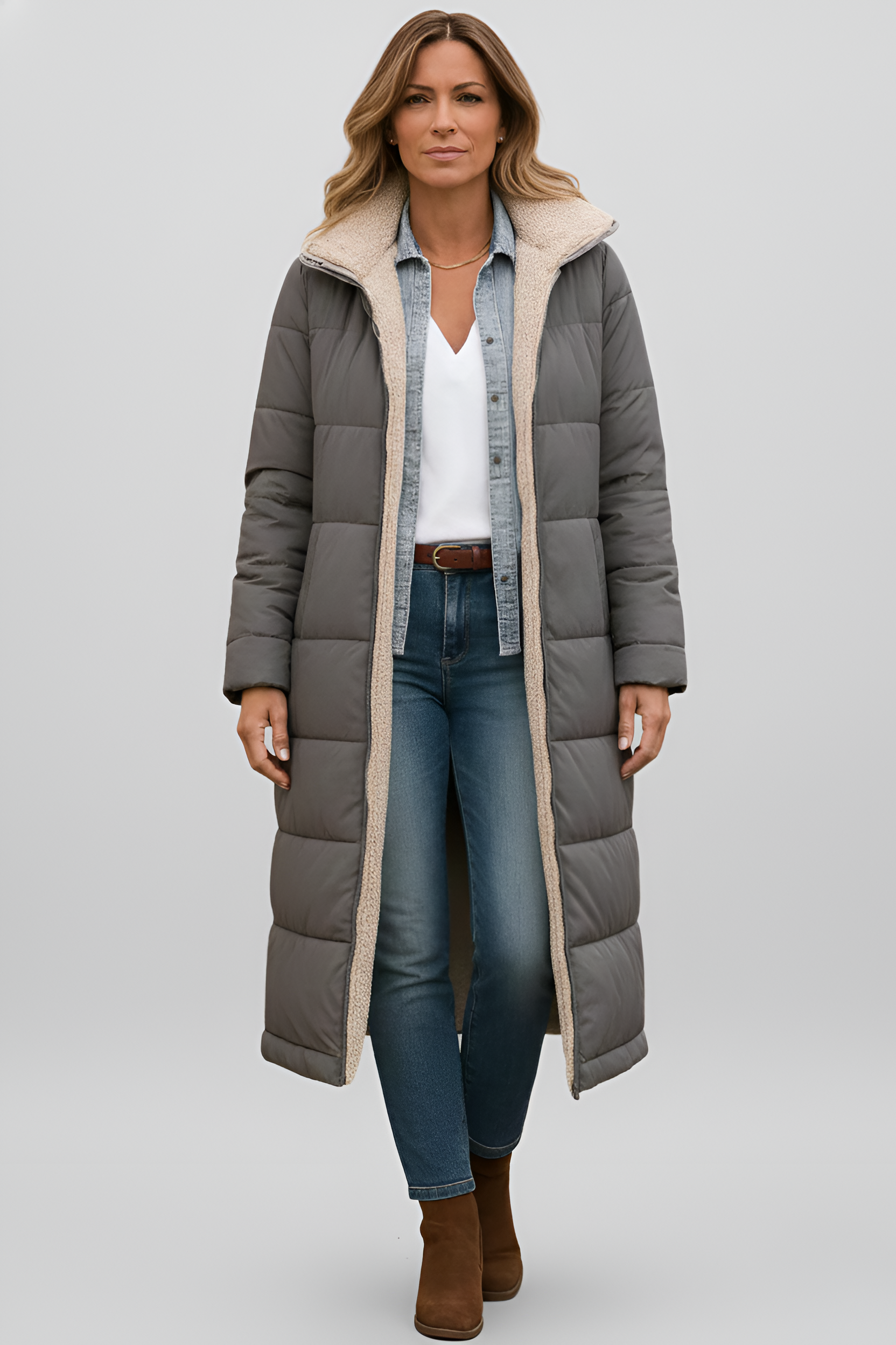 Valerios Fashion lang dame-dunjakke med shearlingfor