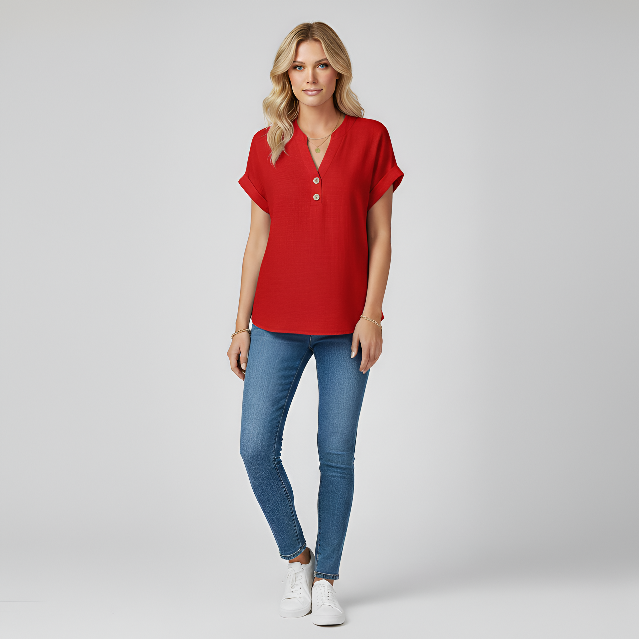 Blusa donna maniche corte in cotone con scollo a V e bottoni