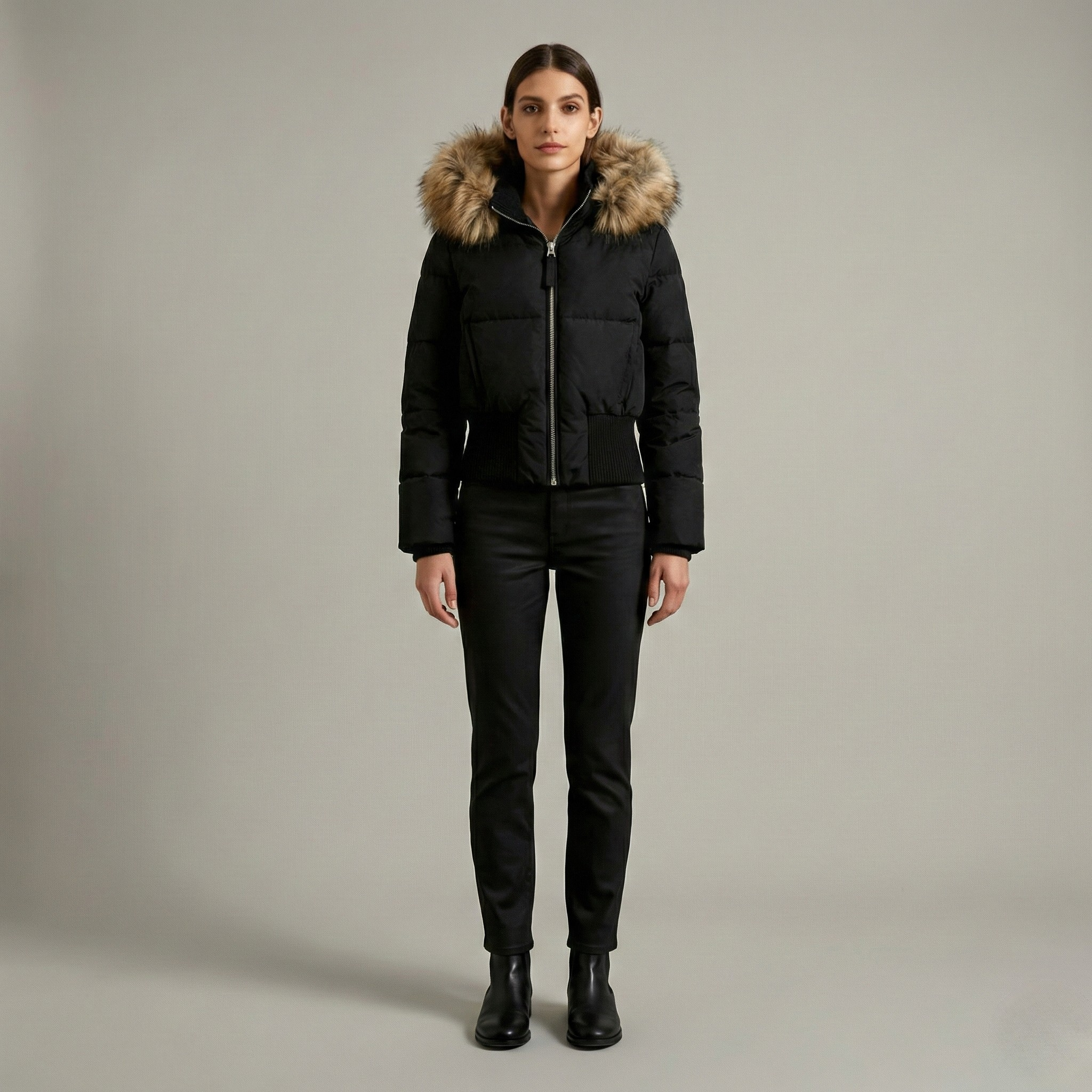 Parka curta de mulher com capuz, borda em pele ecológica e acolchoado de inverno