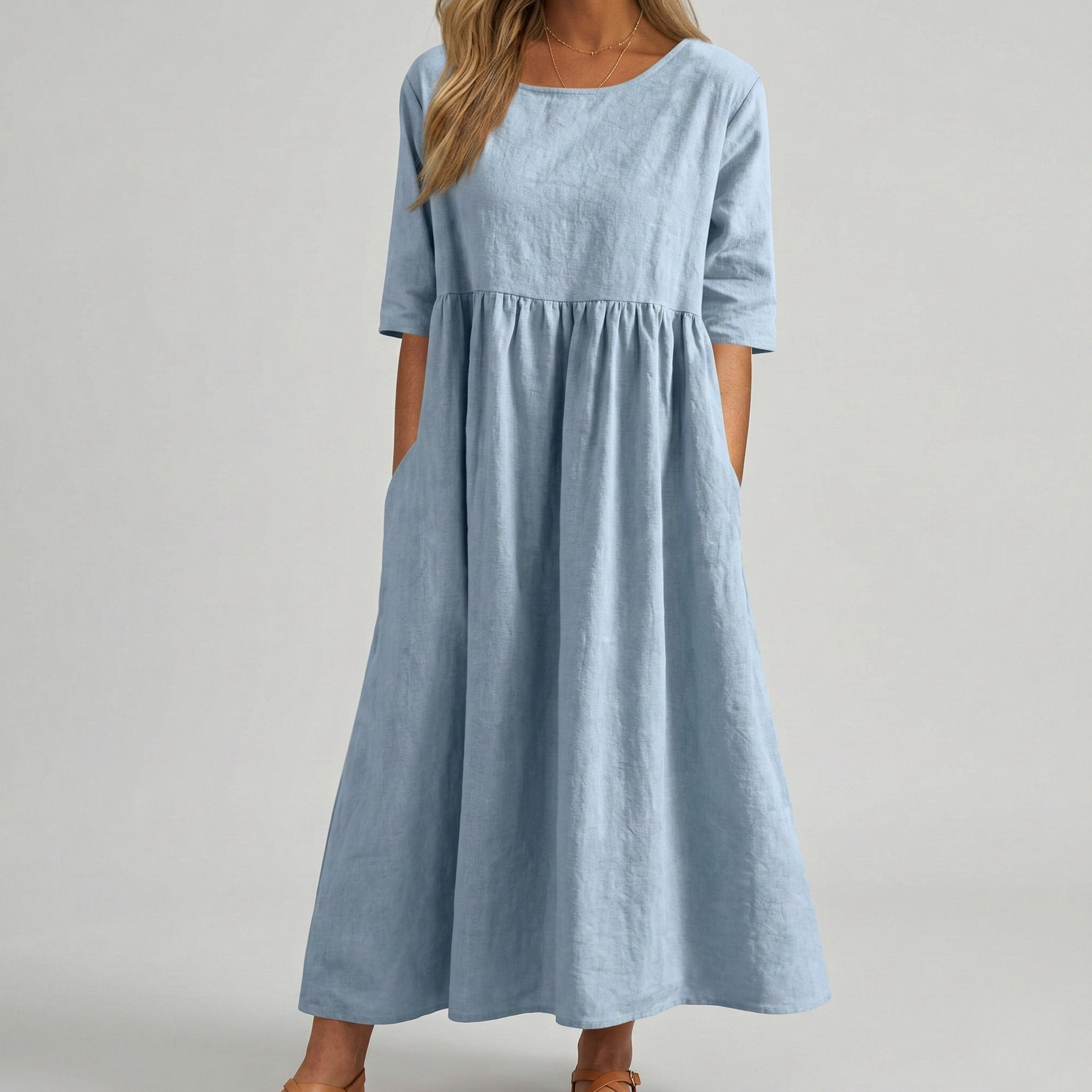 Vestito midi donna in cotone con maniche corte e tasche laterali casual