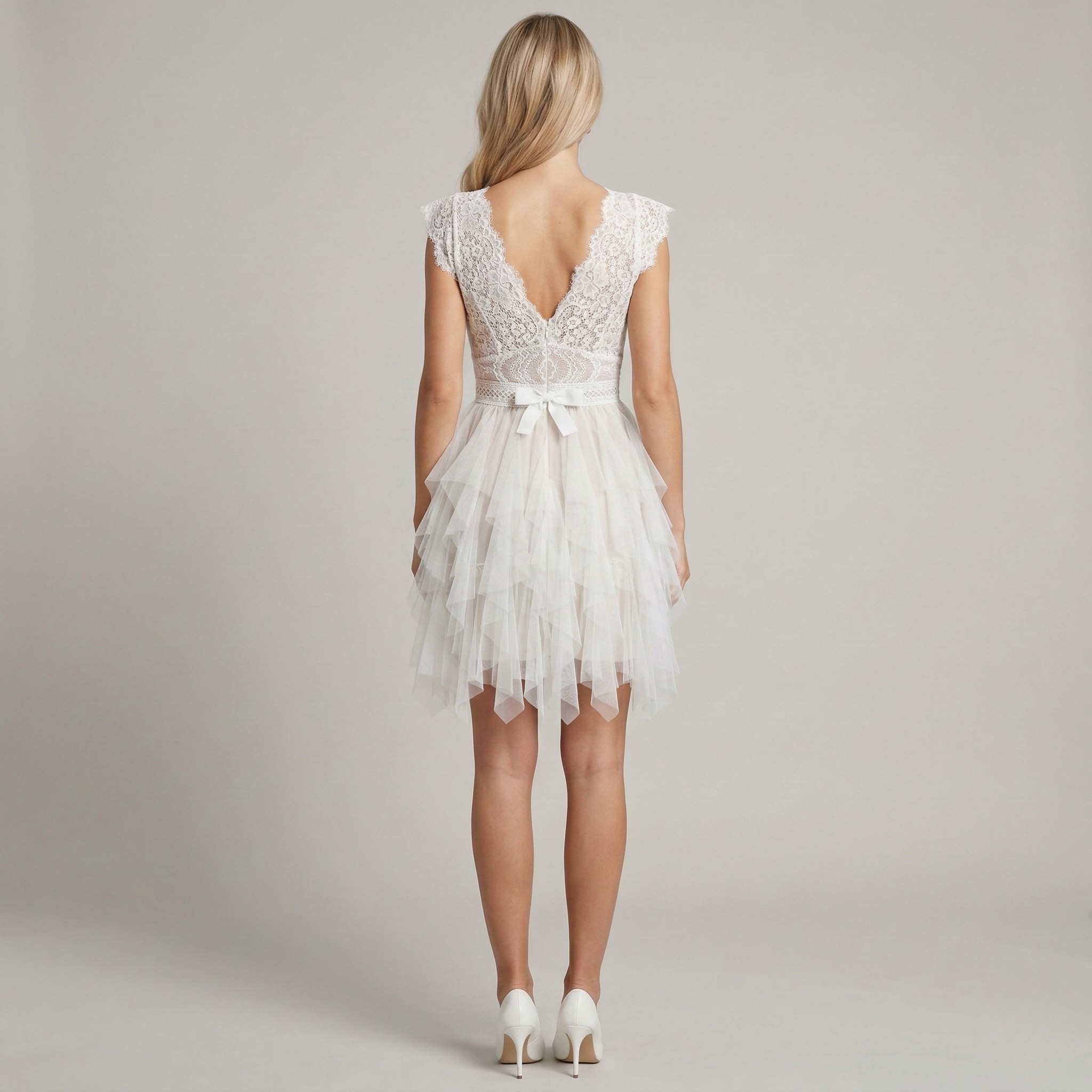 Vestido de mulher em renda e tule com decote em V, vestido curto elegante para cerimónia