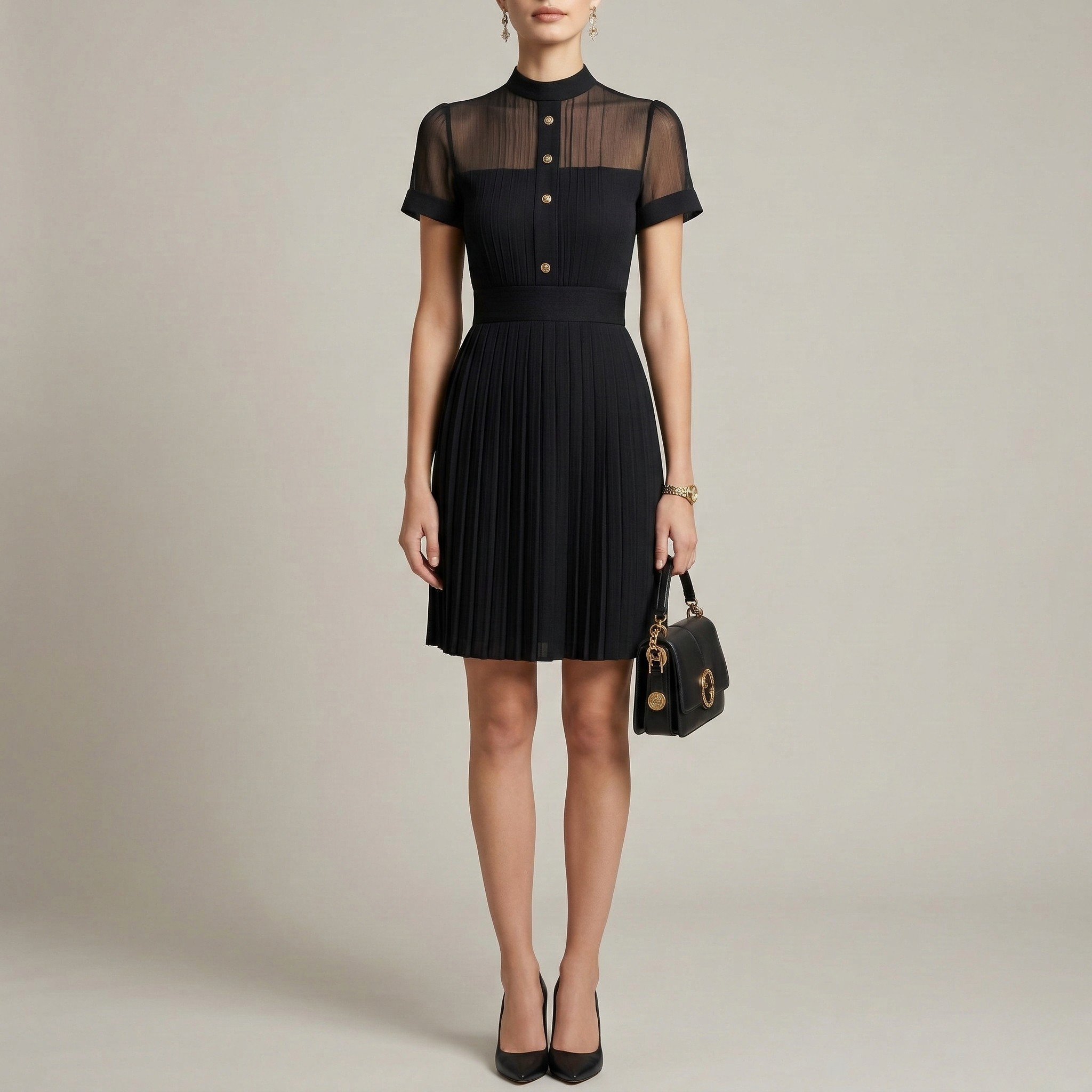 Vestido elegante de mujer plisado con botones y cuello alto, manga corta