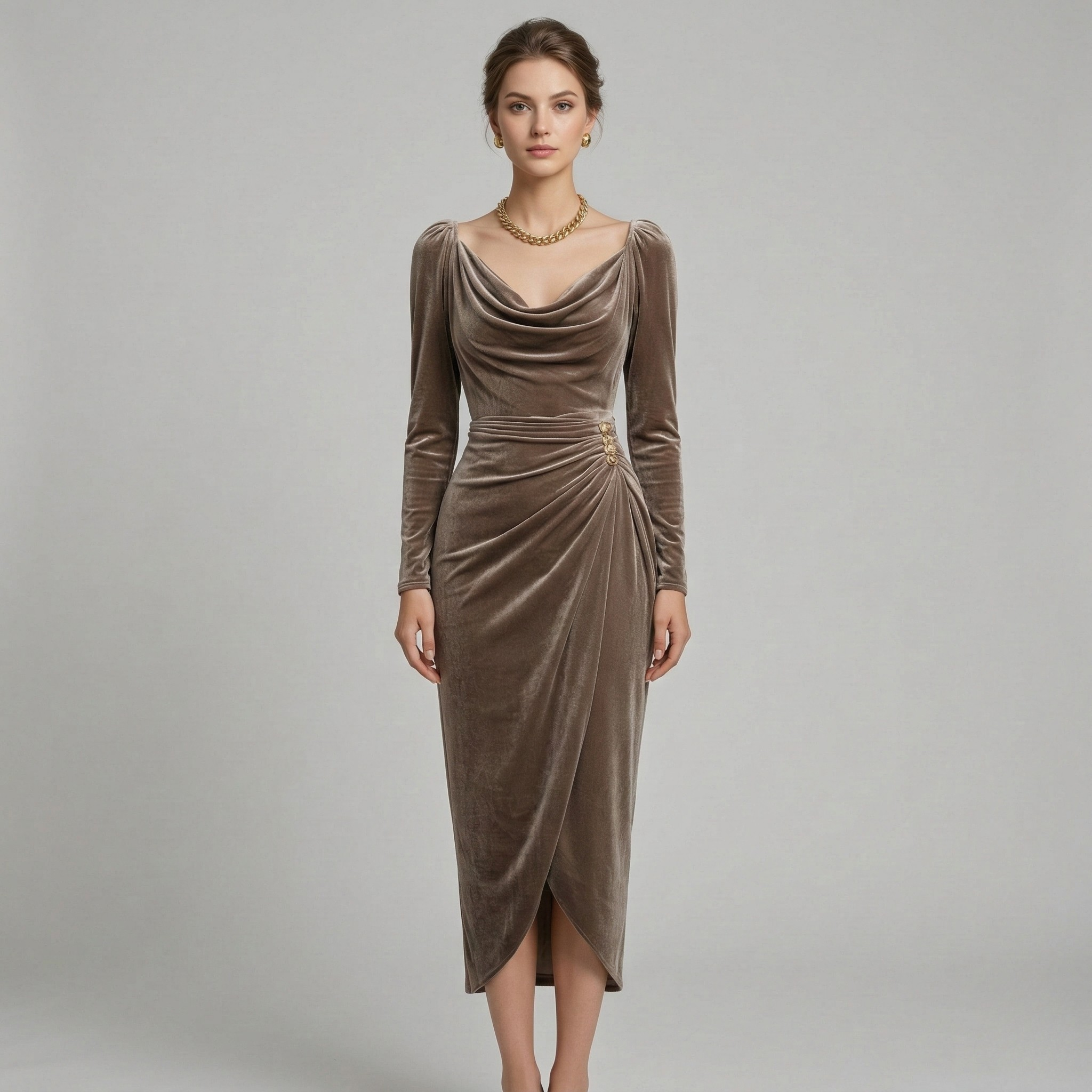 Vestido elegante midi de veludo para mulher, decote drapeado, mangas compridas, vestido de noite