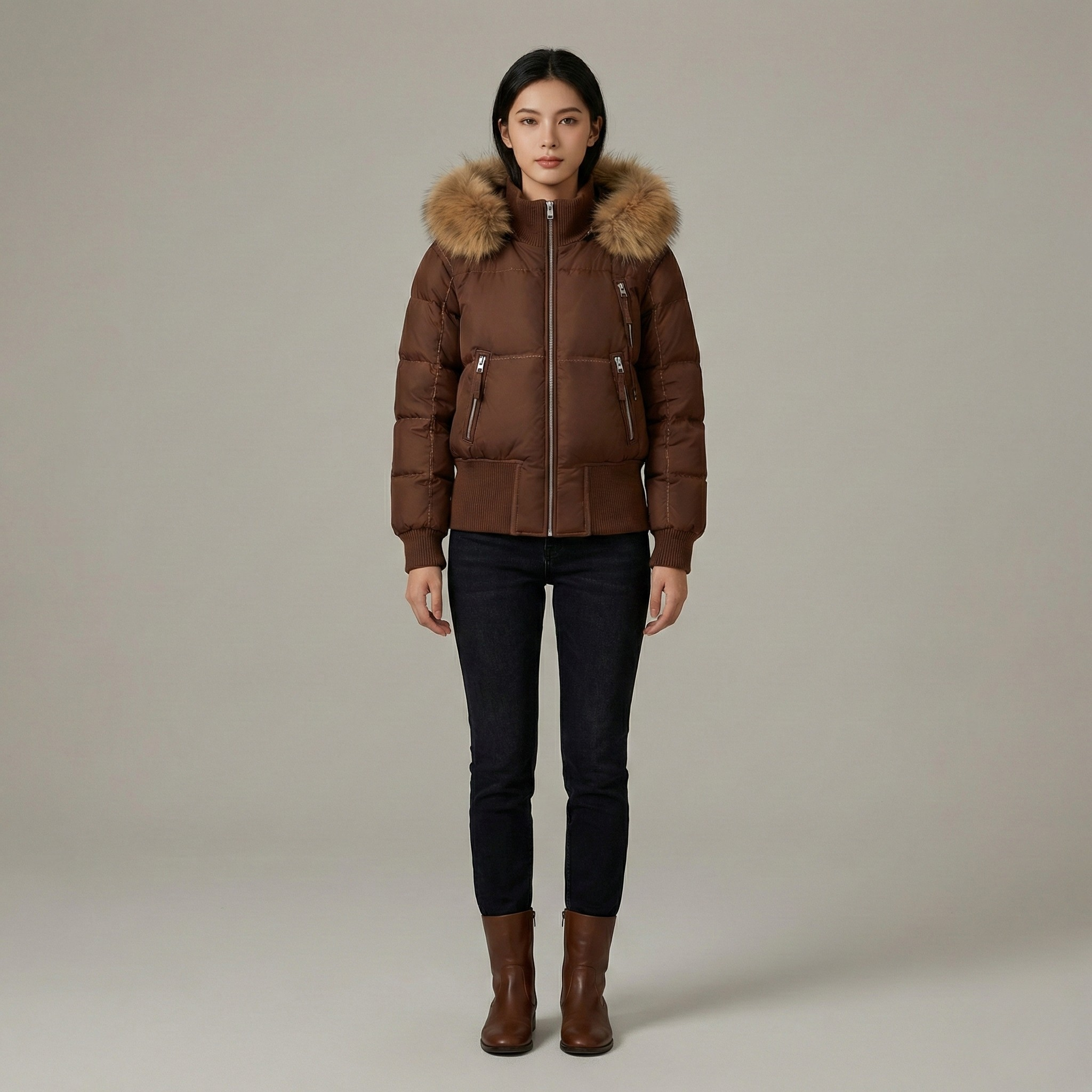 Parka curta de mulher com capuz, borda em pele ecológica e acolchoado de inverno