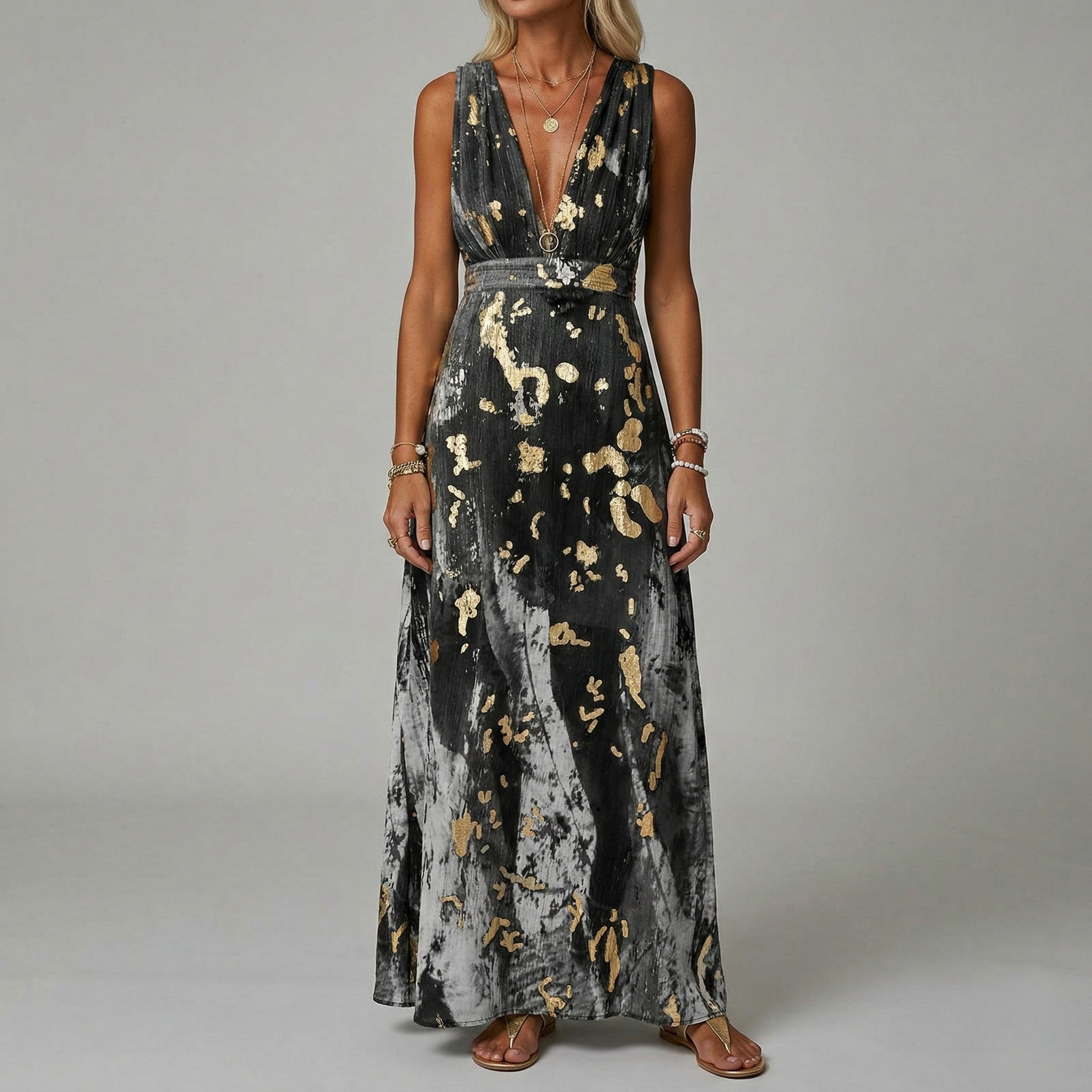 Dlhé dámske šaty s výstrihom do V bez rukávov, elegantné spoločenské šaty