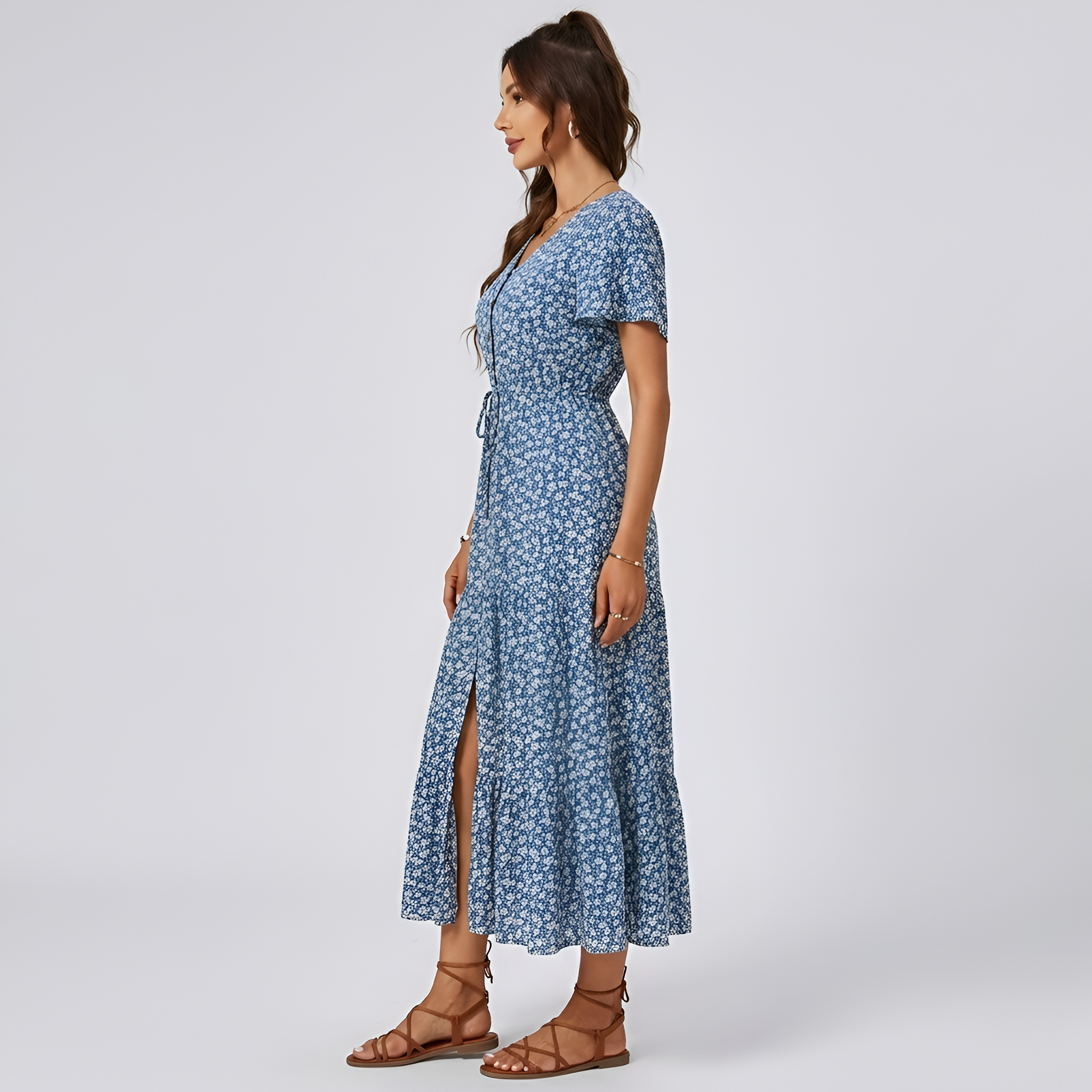 Vestido longo feminino floral com decote em V, mangas curtas e botões frontais