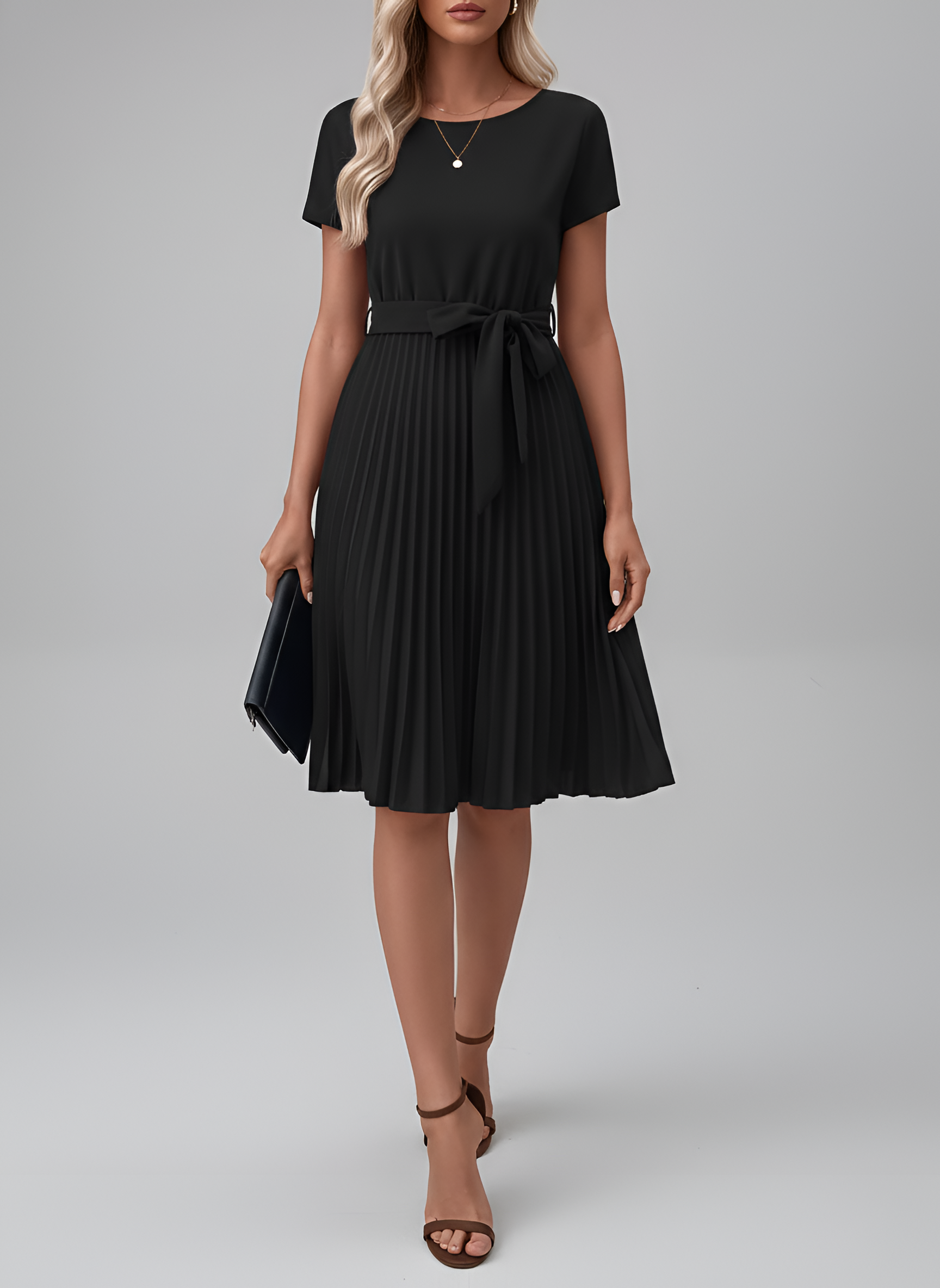 Abito Midi Plissettato Donna con Cintura e Maniche Corte in Tessuto Fluido