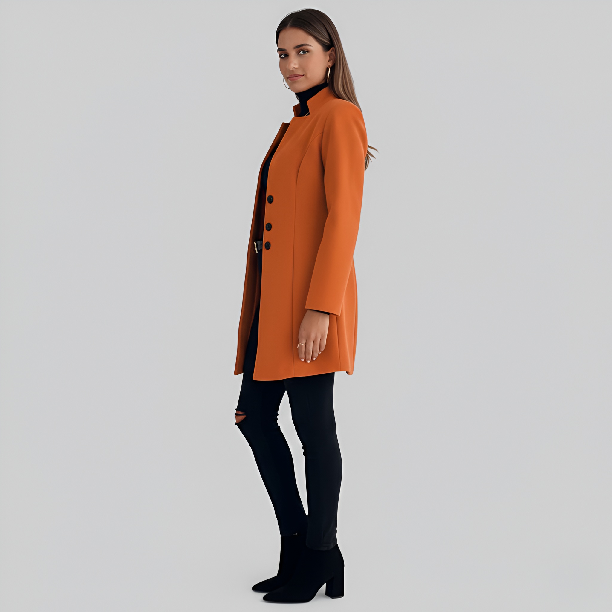 Valerios Fashion elegant lang damefrakke med knaplukning