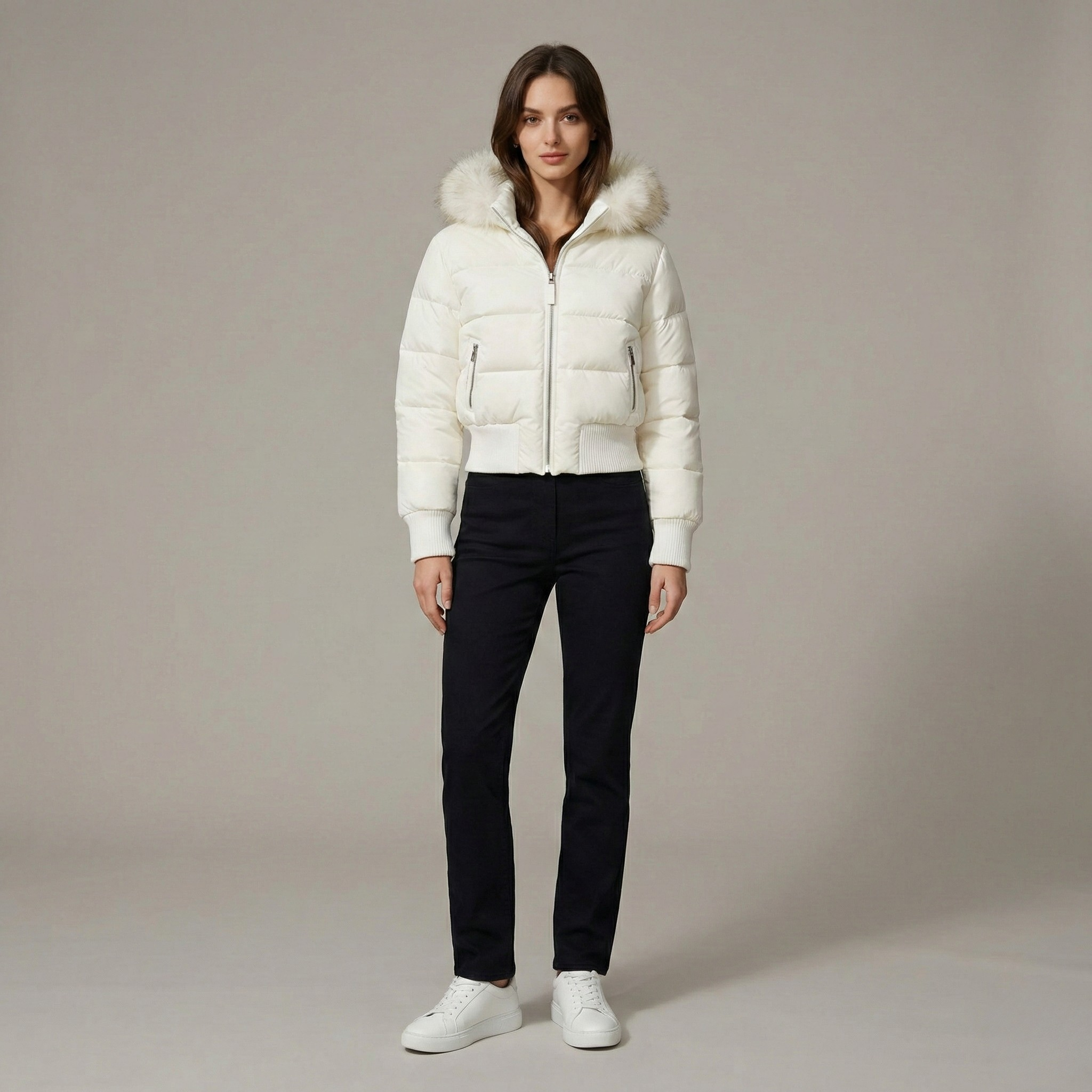 Parka curta de mulher com capuz, borda em pele ecológica e acolchoado de inverno