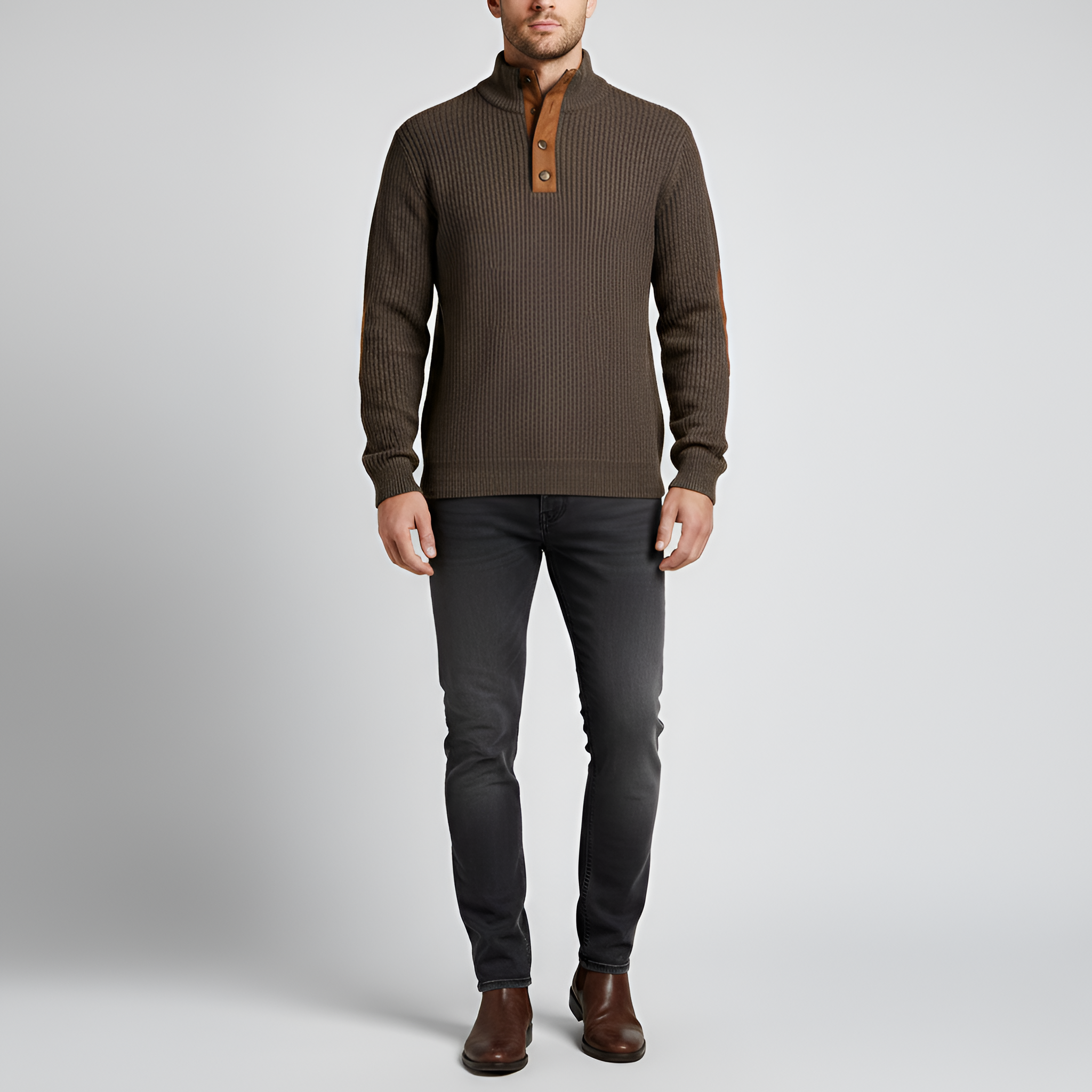 Valerios Fashion pánsky rolákový sveter s rebrovaným vzorom a záplatami na lakťoch