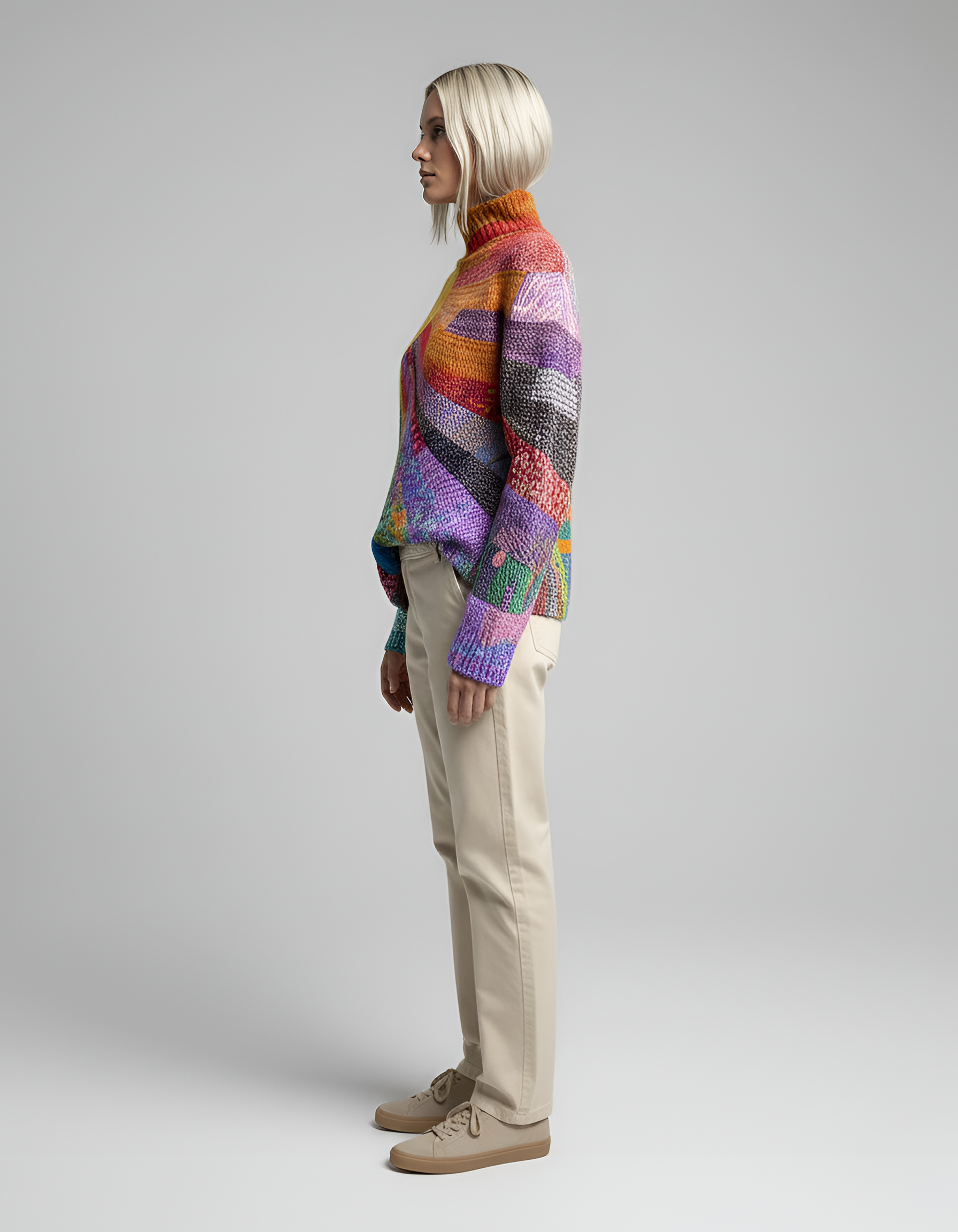 Pulover damă cu guler înalt, model abstract, tricot moale casual de iarnă