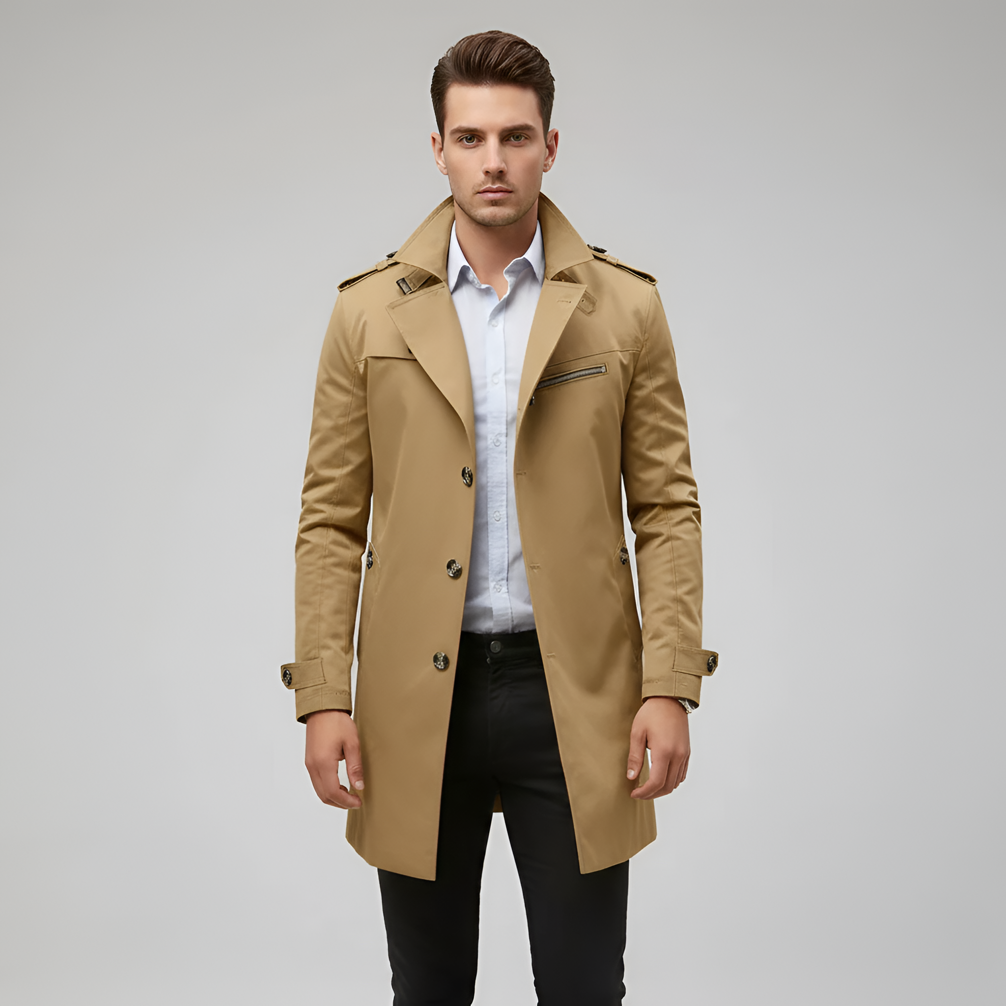 Valerios Fashion trench coat masculino elegante com cinto e fecho de botões