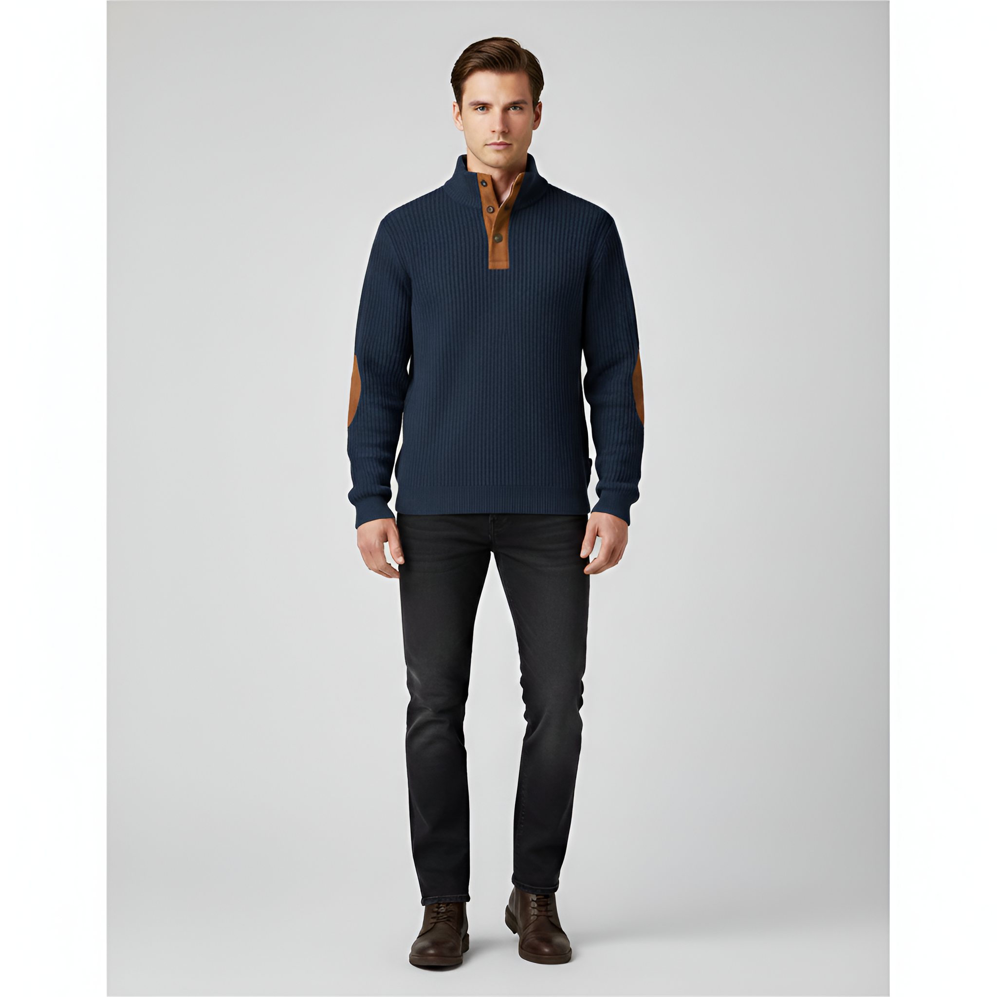 Valerios Fashion pánsky rolákový sveter s rebrovaným vzorom a záplatami na lakťoch