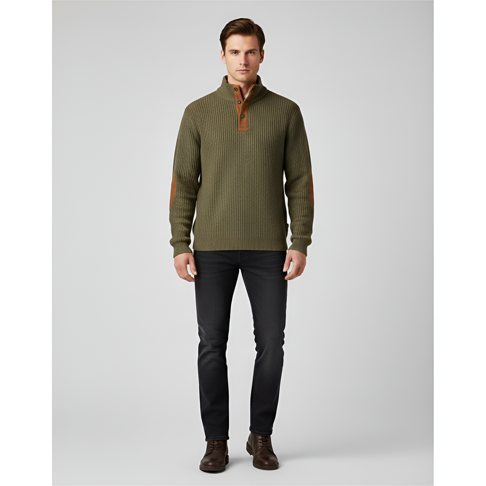 Valerios Fashion pánsky rolákový sveter s rebrovaným vzorom a záplatami na lakťoch