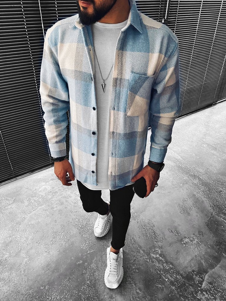 Camicia a Quadri - Celeste - Button-Up - Sovracamicia - Camicia da Uomo