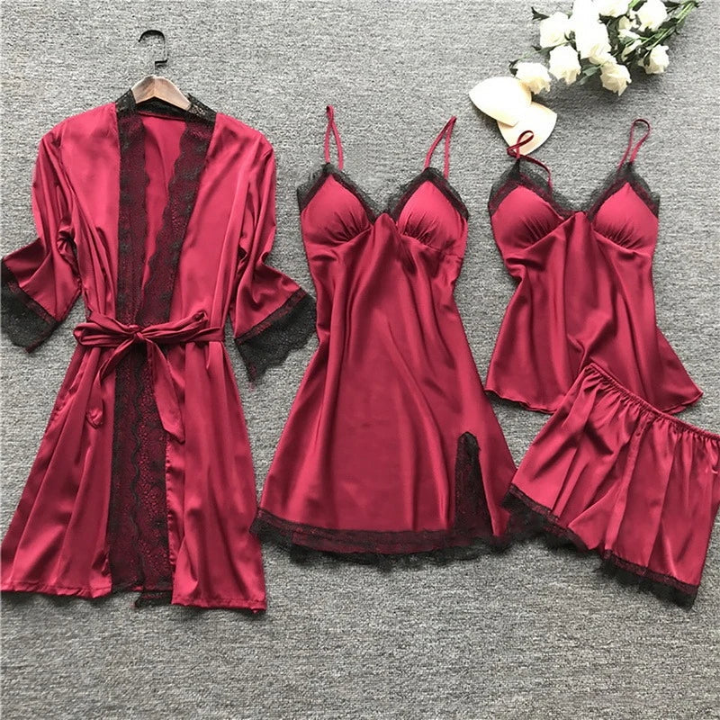 Set pijama damă din satin cu halat asortat