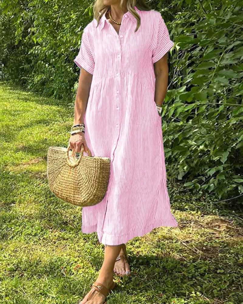 Robe longue décontractée à rayures avec col et poches