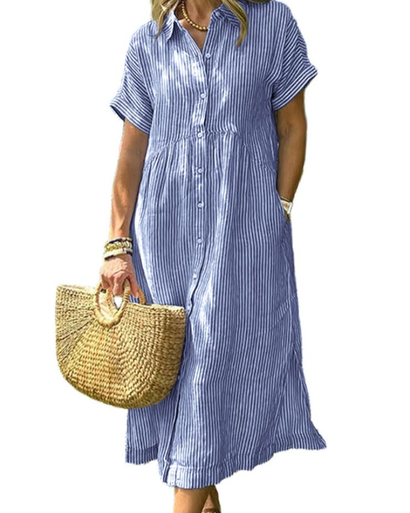 Robe longue décontractée à rayures avec col et poches