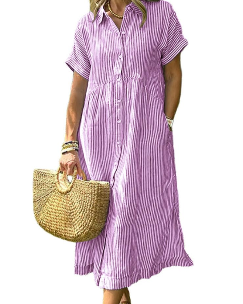 Robe longue décontractée à rayures avec col et poches