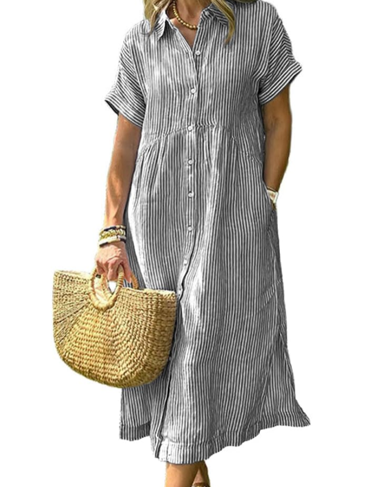 Robe longue décontractée à rayures avec col et poches