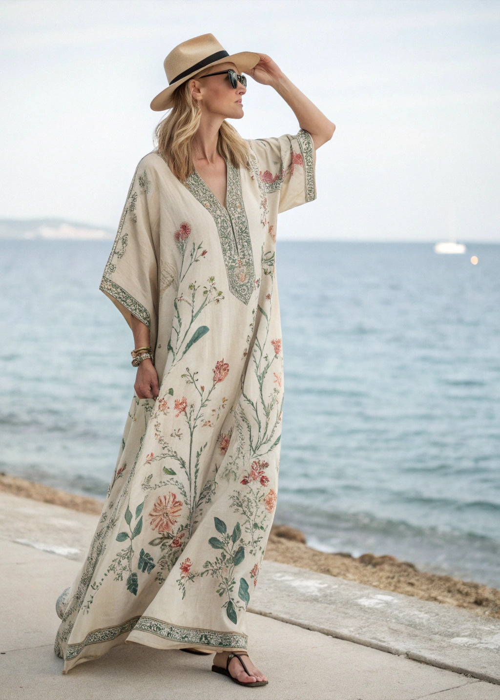 Długa sukienka damska w kwiaty z rękawami kimono i dekoltem w serek
