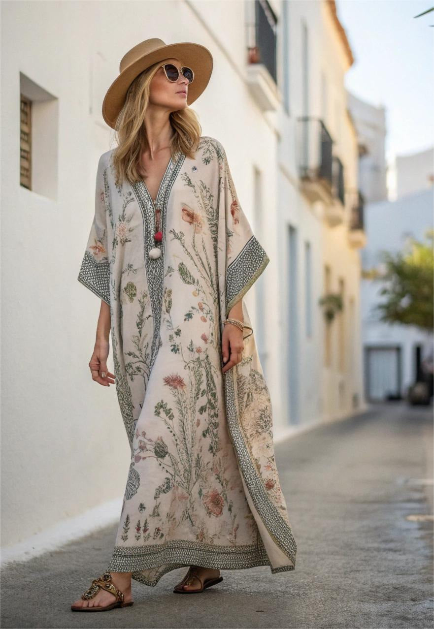Długa sukienka damska w kwiaty z rękawami kimono i dekoltem w serek