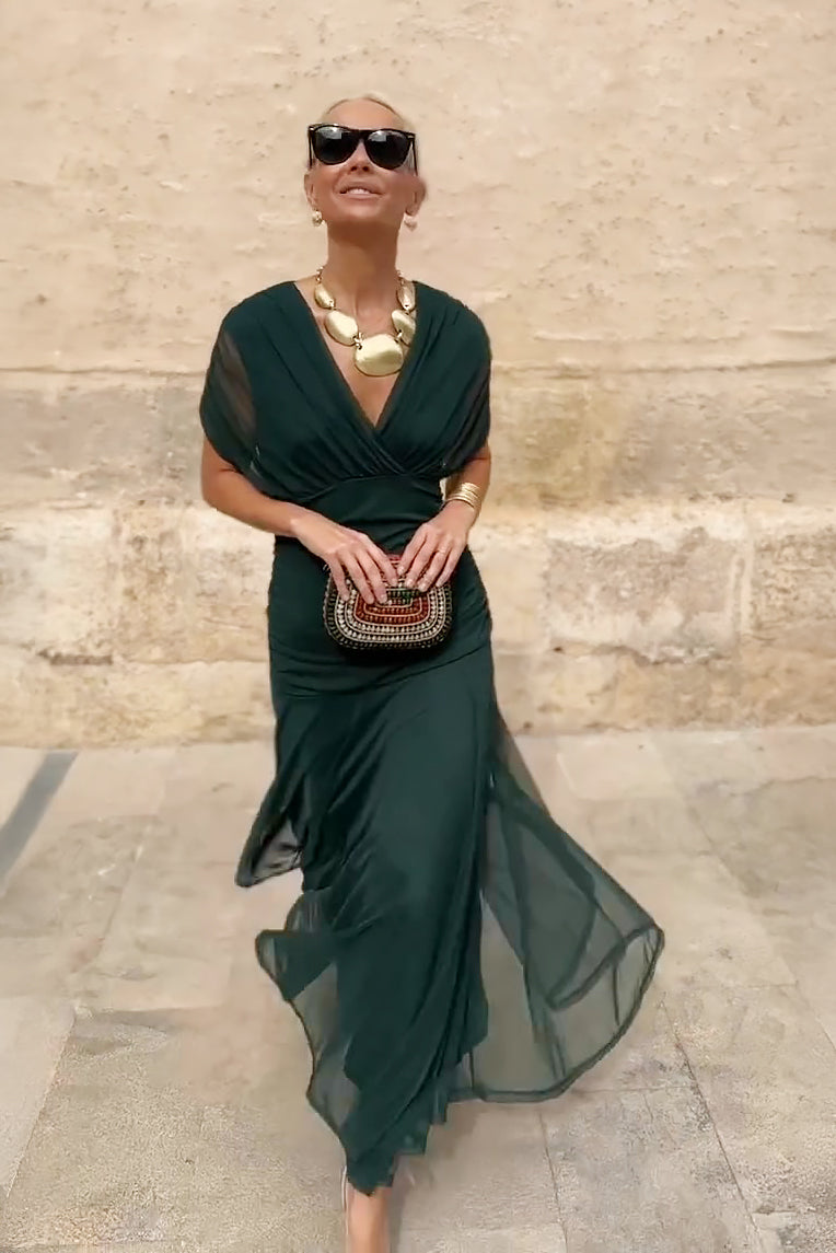 Long Pleated Dress with V-Neck and Short Sleeves