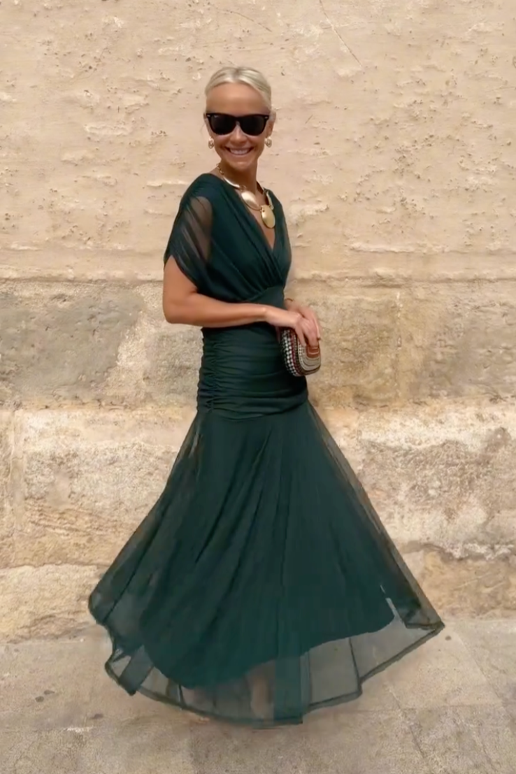 Long Pleated Dress with V-Neck and Short Sleeves