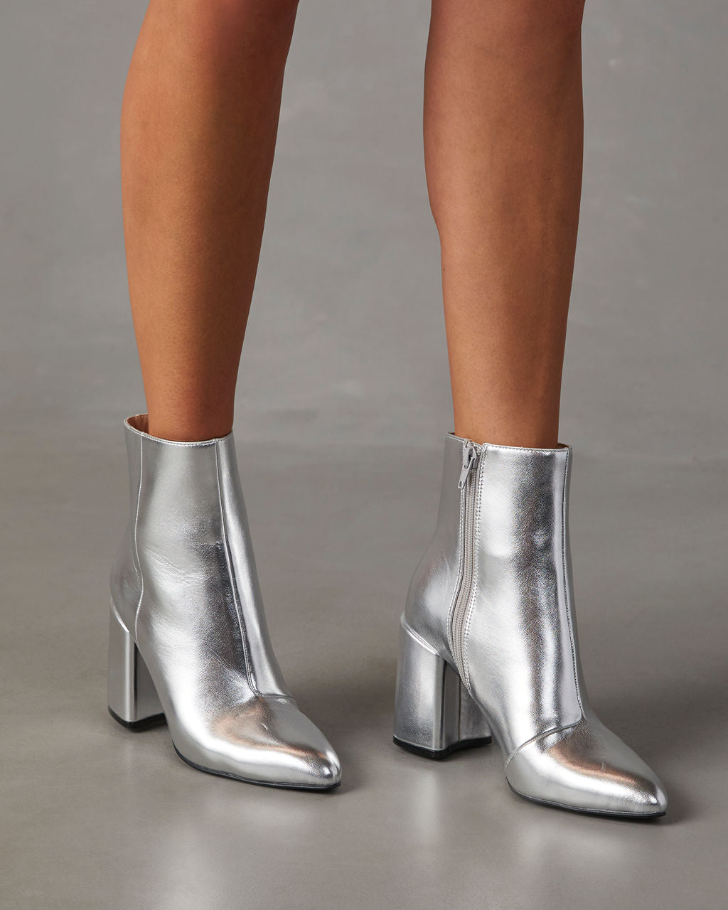 Stivaletti Argento Metallizzato da Donna | Stivaletti con Tacco Largo e Cerniera