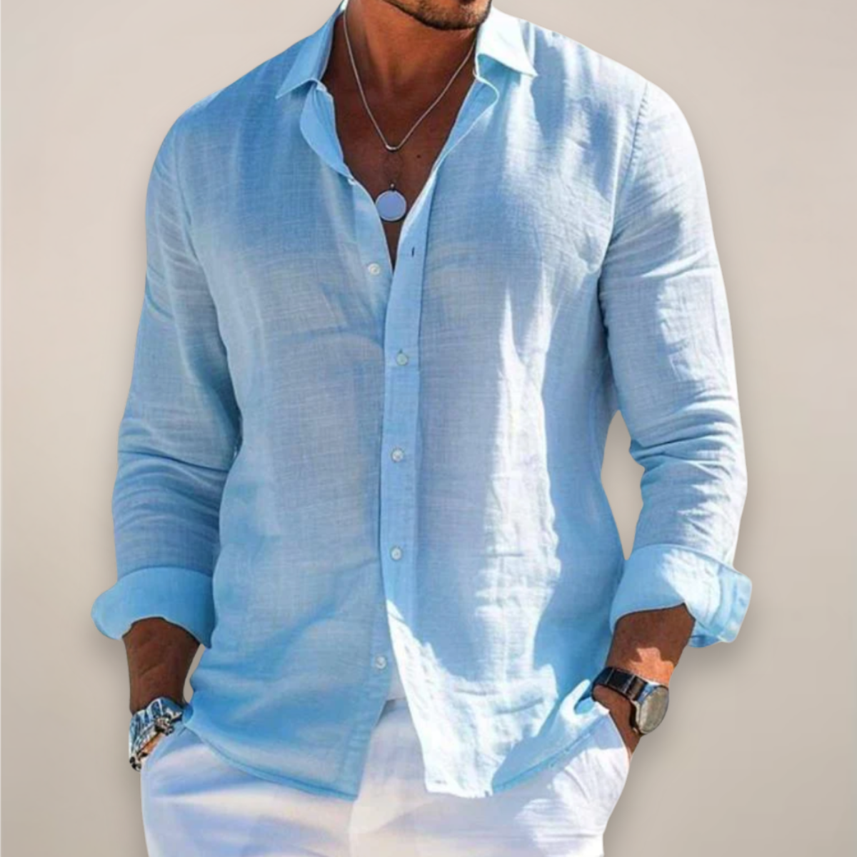 Camicia da Uomo in Lino a Maniche Lunghe con Vestibilità Regolare