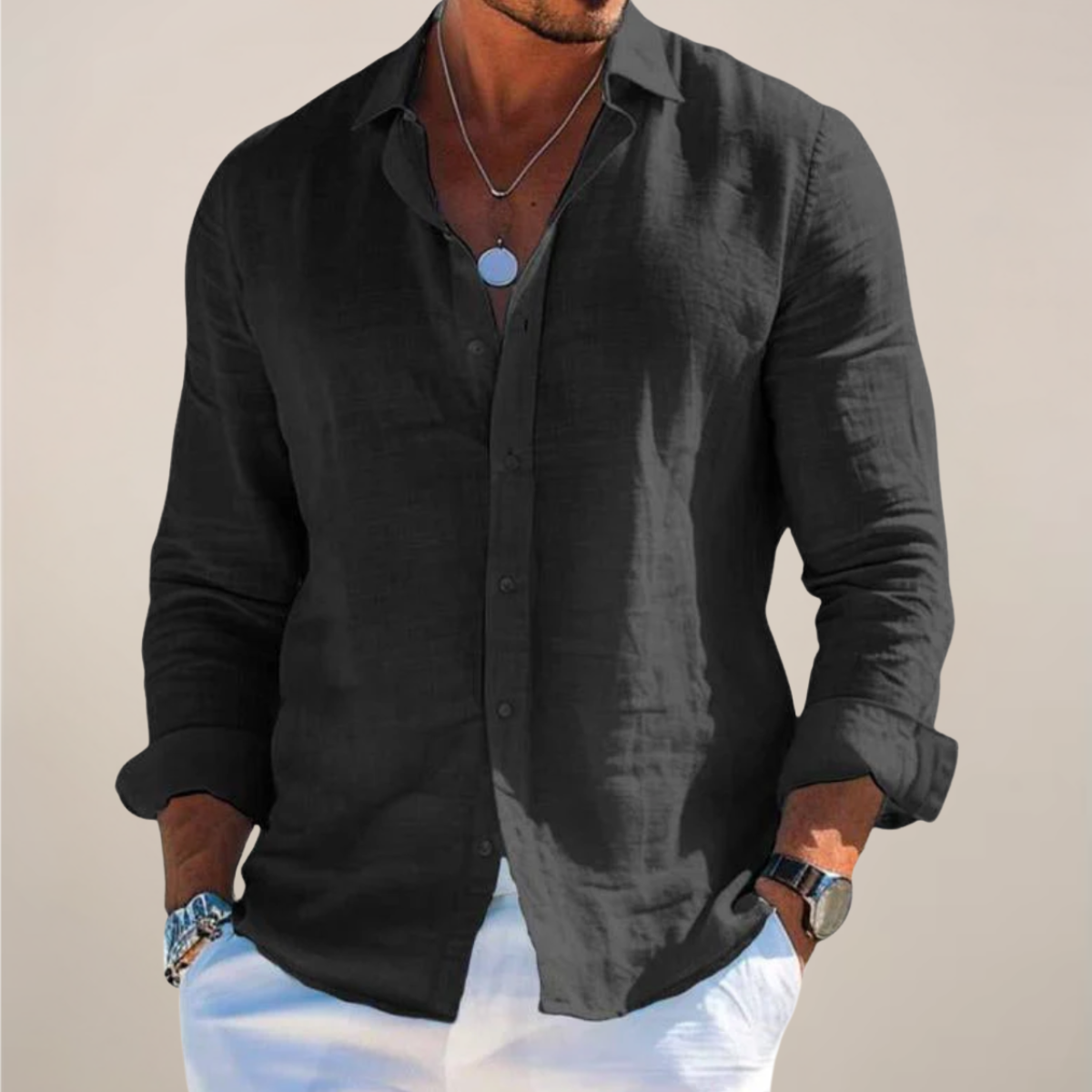 Camicia da Uomo in Lino a Maniche Lunghe con Vestibilità Regolare